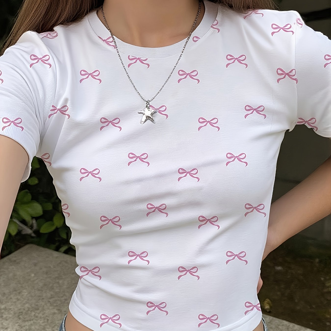 Youth 2025 Summer Exquisite Easy Small Bow Print Teenager's Short Sleeve Shortened T-shirt Short Top Suitable For Vacation Wear, For Teenager, For Teenager