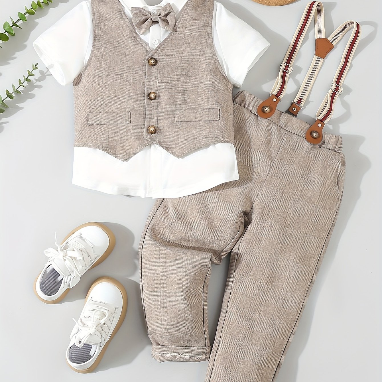 Image of 4pcs Boys' Formal Gentleman Suit Set - Short Sleeve Shirt With Bow Tie, Long Pants, Vest And Overalls - Perfect For Competition, Performance, Wedding, Banquet - Clothing