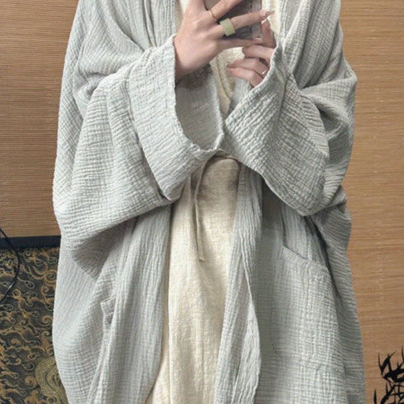 TEMU プラスサイズ - プラスサイズ 女性用 快適なリネンカーディガン - レトロ漢服風 軽量 通気性 オープンフロント ポケット付き 長袖 春夏 カジュアル＆ル着用 ト スタイル 非伸縮素材