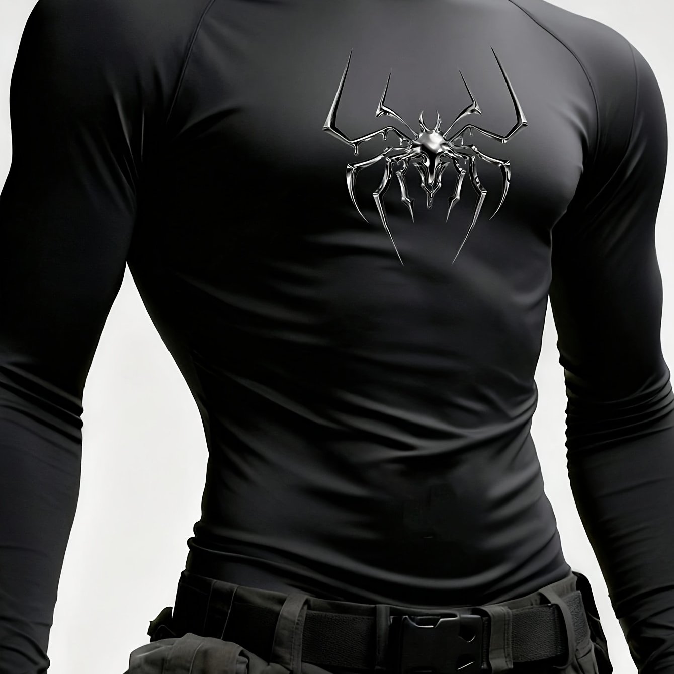 TEMU T-shirt de sport à manches longues pour hommes, T-shirt de compression à manches longues avec imprimé araignée et col rond, | Convient pour le