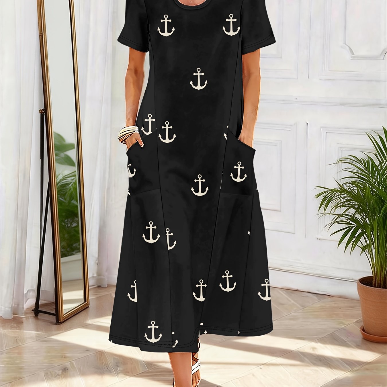 TEMU Women's Nautical Sailor Dress With Anchor Print - Short Sleeve Maxi Dress Suitable For Beach, Summer Outfits, Pocket Dress, Round Neck Loose Fit
