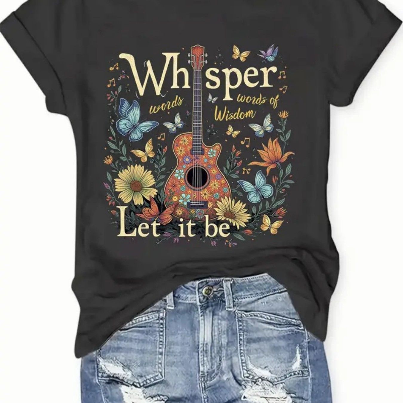 TEMU Vibrant Floral Guitar Design Loose Size T-shirt - Bohemian Top Featuring ' , Be' , Perfect For Music Enthusiasts And -back Summer
