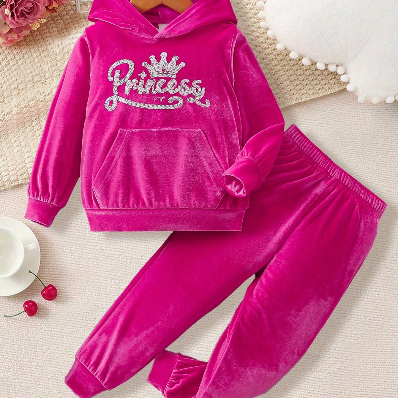 Image of Girls 2pcs Set Autumn Sequined Letter Hoodie And Versatile Ankle-cinching Pants Warm Suit, For Outdoor