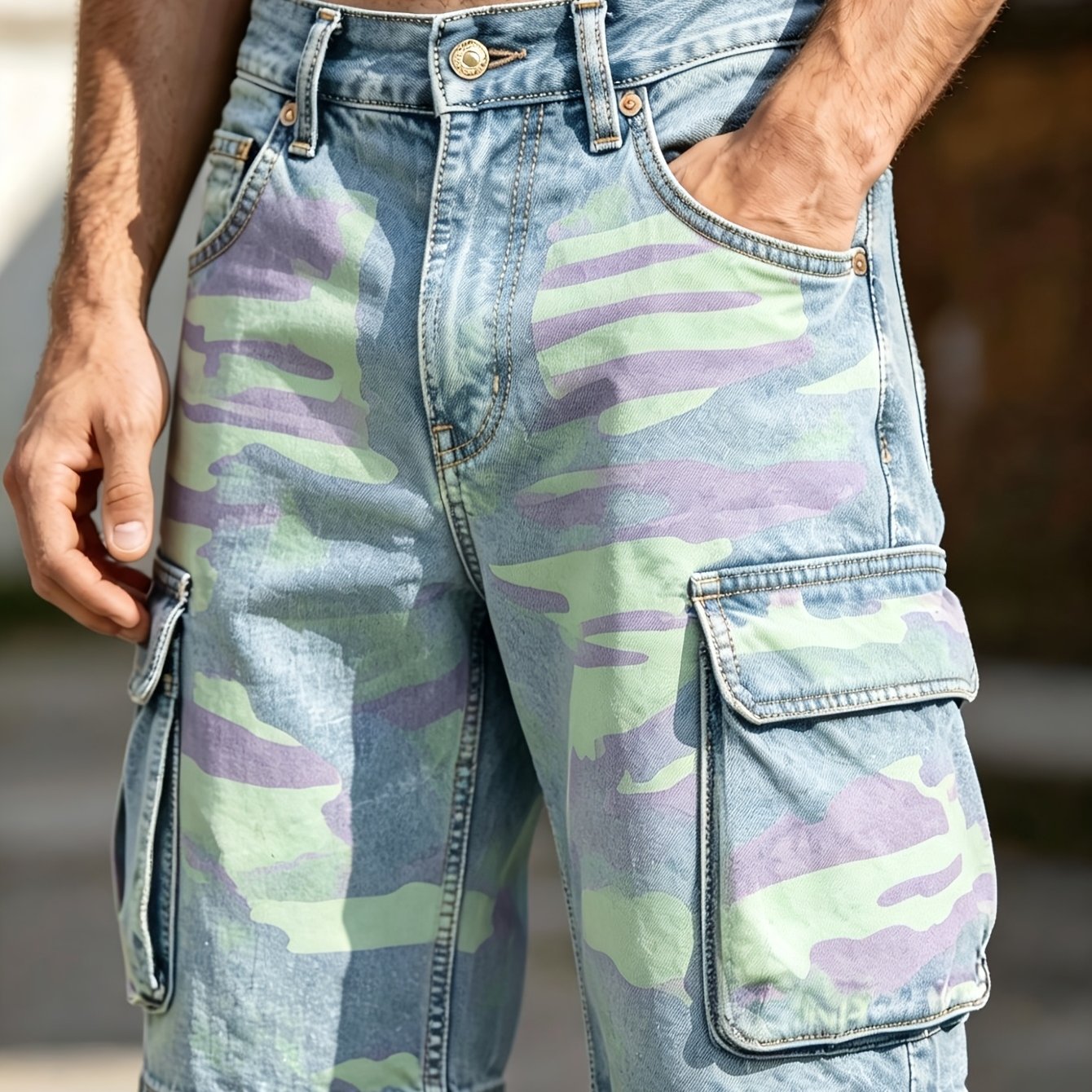 Image of Men's Camouflage Tooling Shorts, Summer Outdoor Camping Casual Multi-pocket Straight 5-inch Shorts
