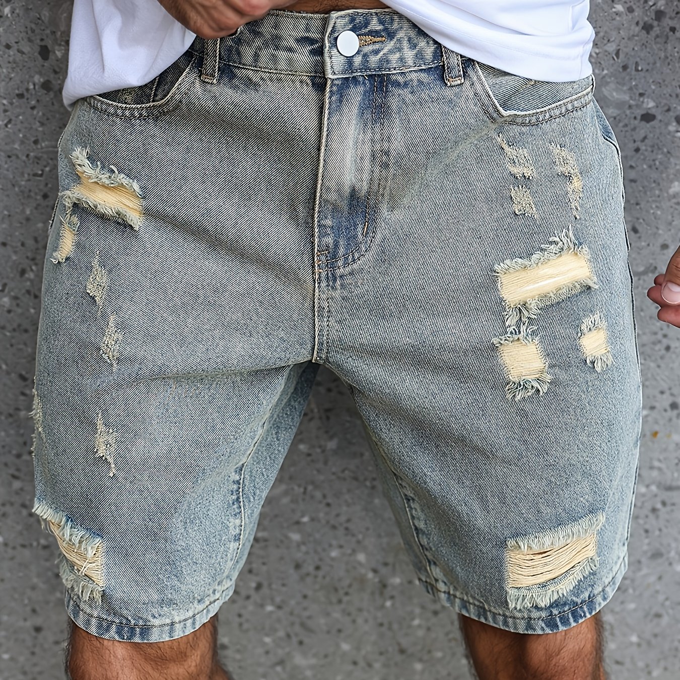 Image of Men' Style Versatile Summer Denim Shorts - Washed Denim Color, Yoke + Marble Effect + Ripped Distressed