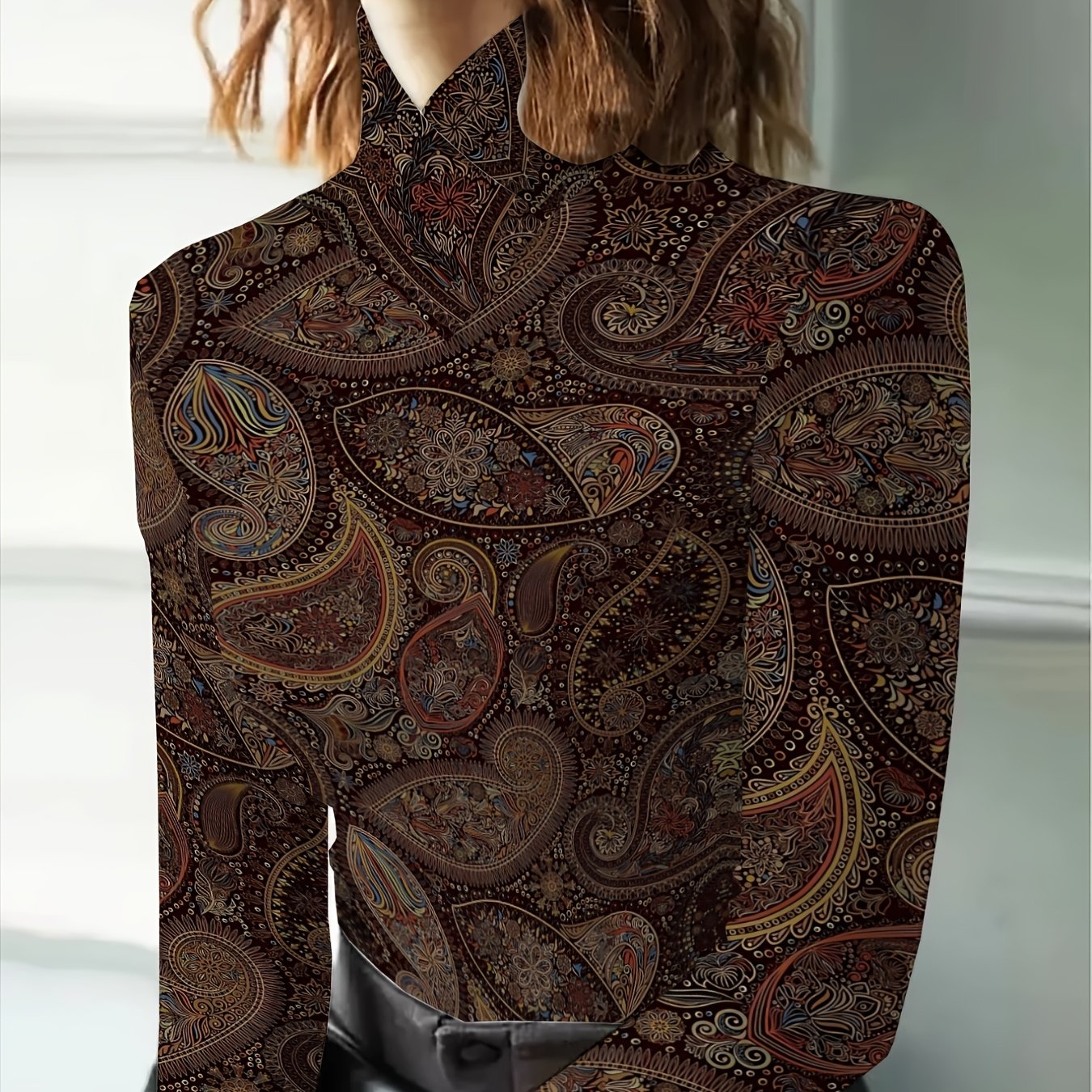 TEMU Women's Cross V-neck Long Sleeve Top, Vintage Paisley Print, Vintage Vibe, Elegant Temperament, Versatile Top For Daily , Casual, And Dating