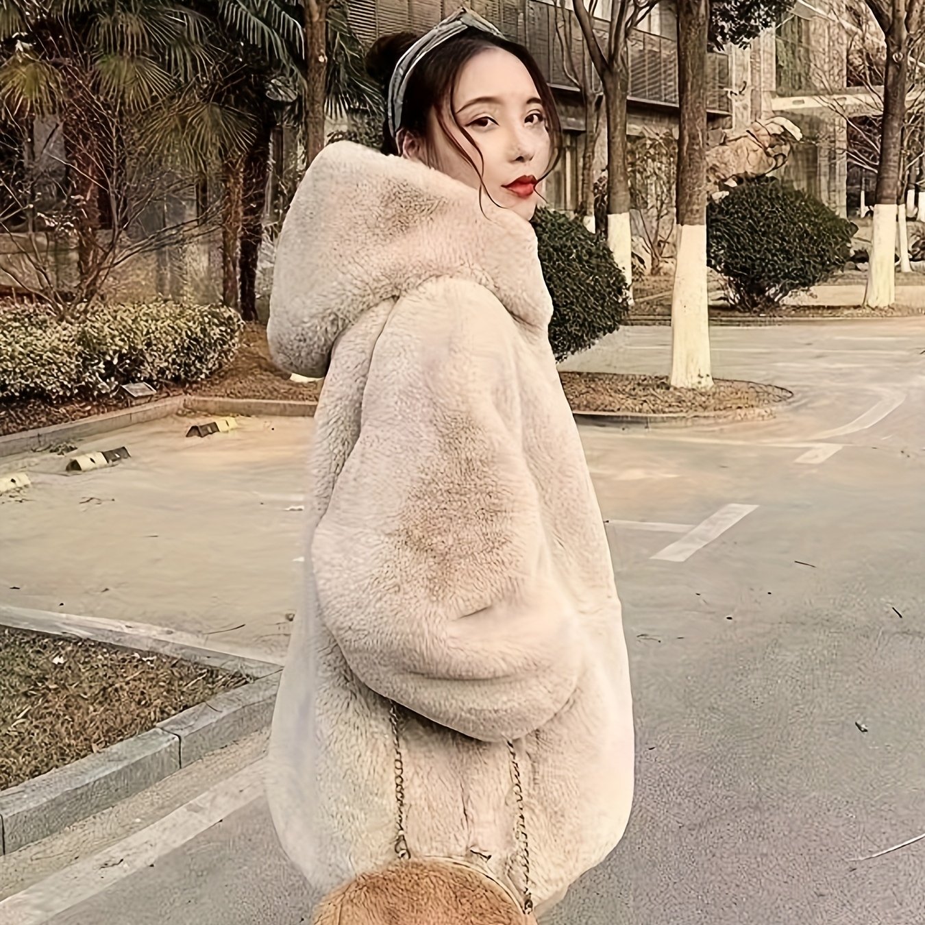 TEMU Women's Autumn/winter Hooded Jacket: Mid-length Cocoon-style Zip-up Hoodie, Casual, , Warm, And Loose-fitting Coat