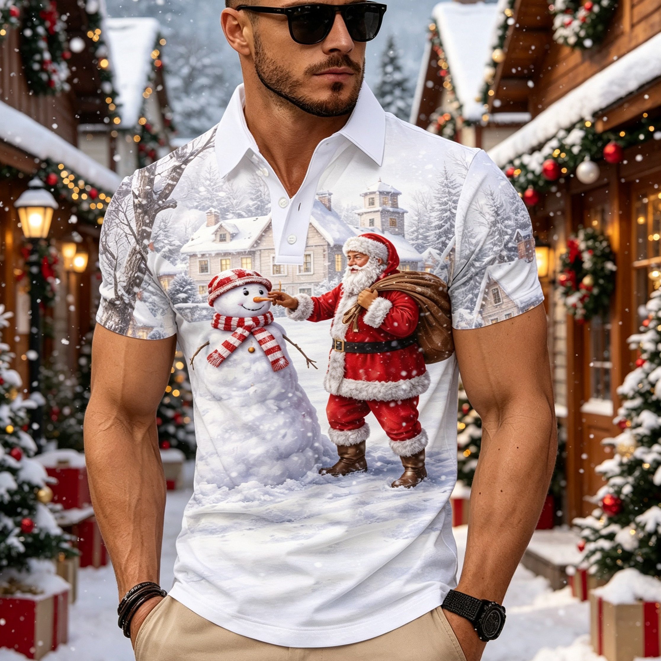 TEMU Men's Lapel Short-sleeve Shirt With Santa Claus, Snowman, And Snow Scene Print, Machine Washable Christmas Holiday T-shirt