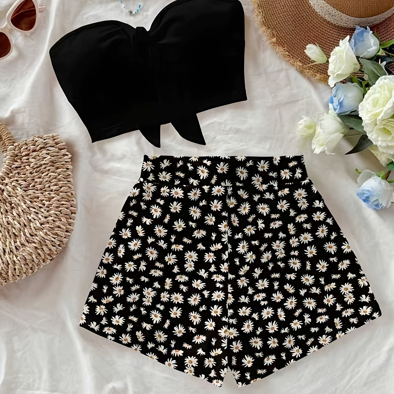 TEMU Damen-Mode-Set, 2-teilig: Sommerlicher Freizeit-Look für Urlaub, Strandparty, angesagter trägerloser Bündel-Schlauch-Top + Shorts mit hoher