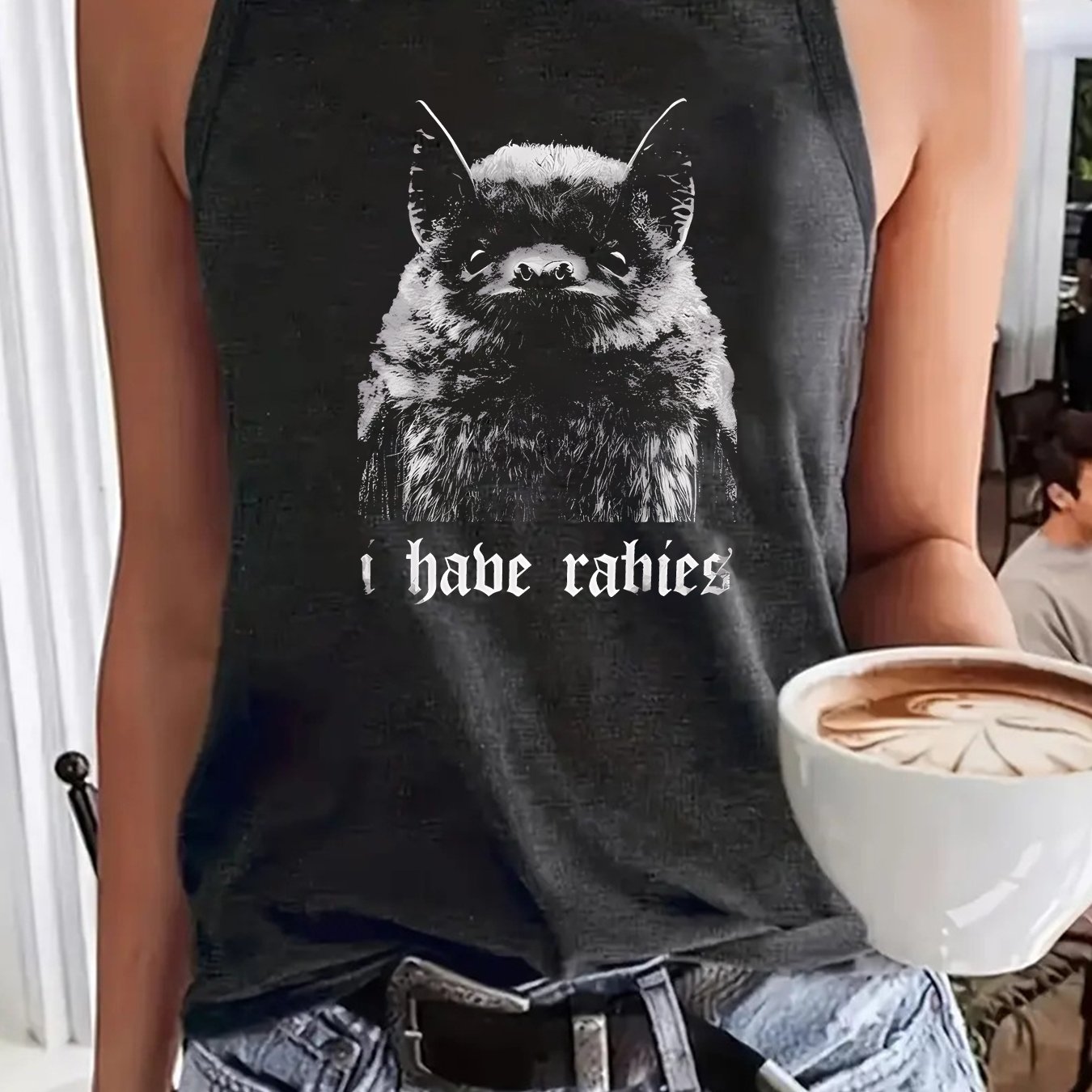 TEMU Women's Funny "i Have Rabies" Bat Print Sleeveless Tank Top - Soft Breathable Summer Blouse-compatible Shirt, Machine Washable Lightweight