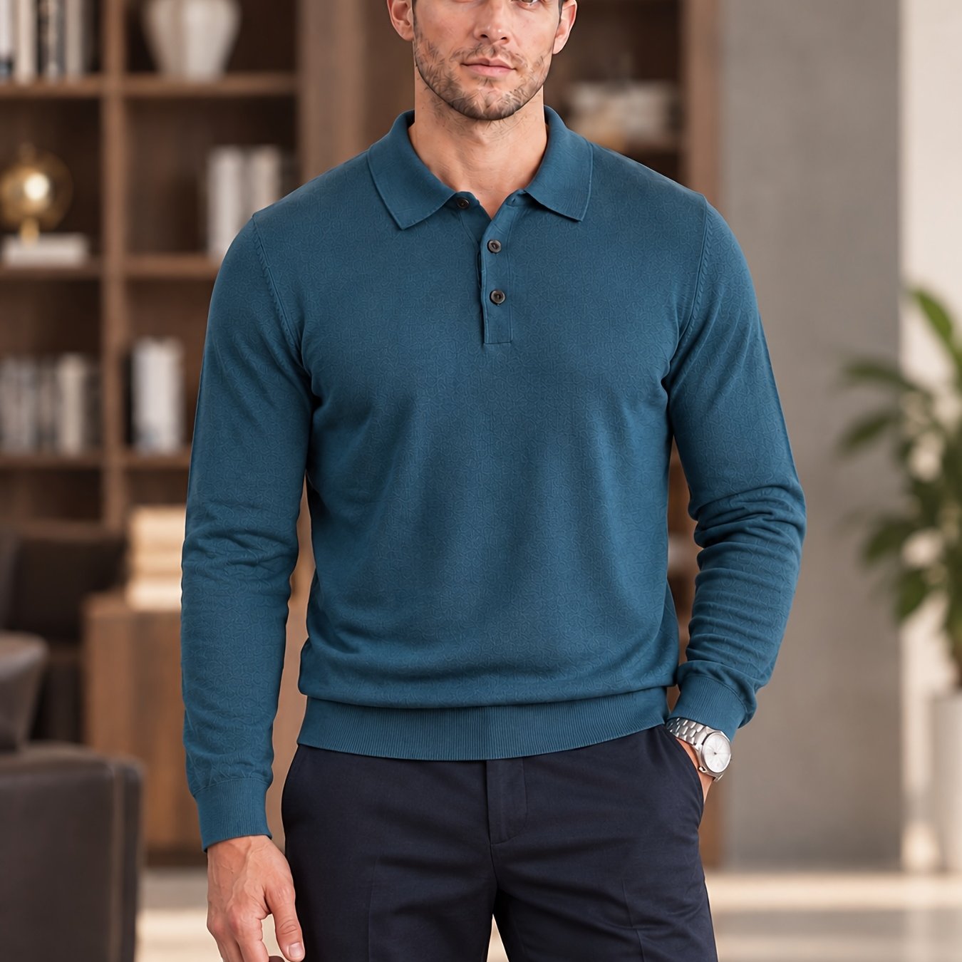 TEMU Men's Minimalist Urban Lapel Long-sleeve Knit Shirt, Made Of A Soft Wool-blend Fabric That Drapes And Comfortably Against The Body. , Knit