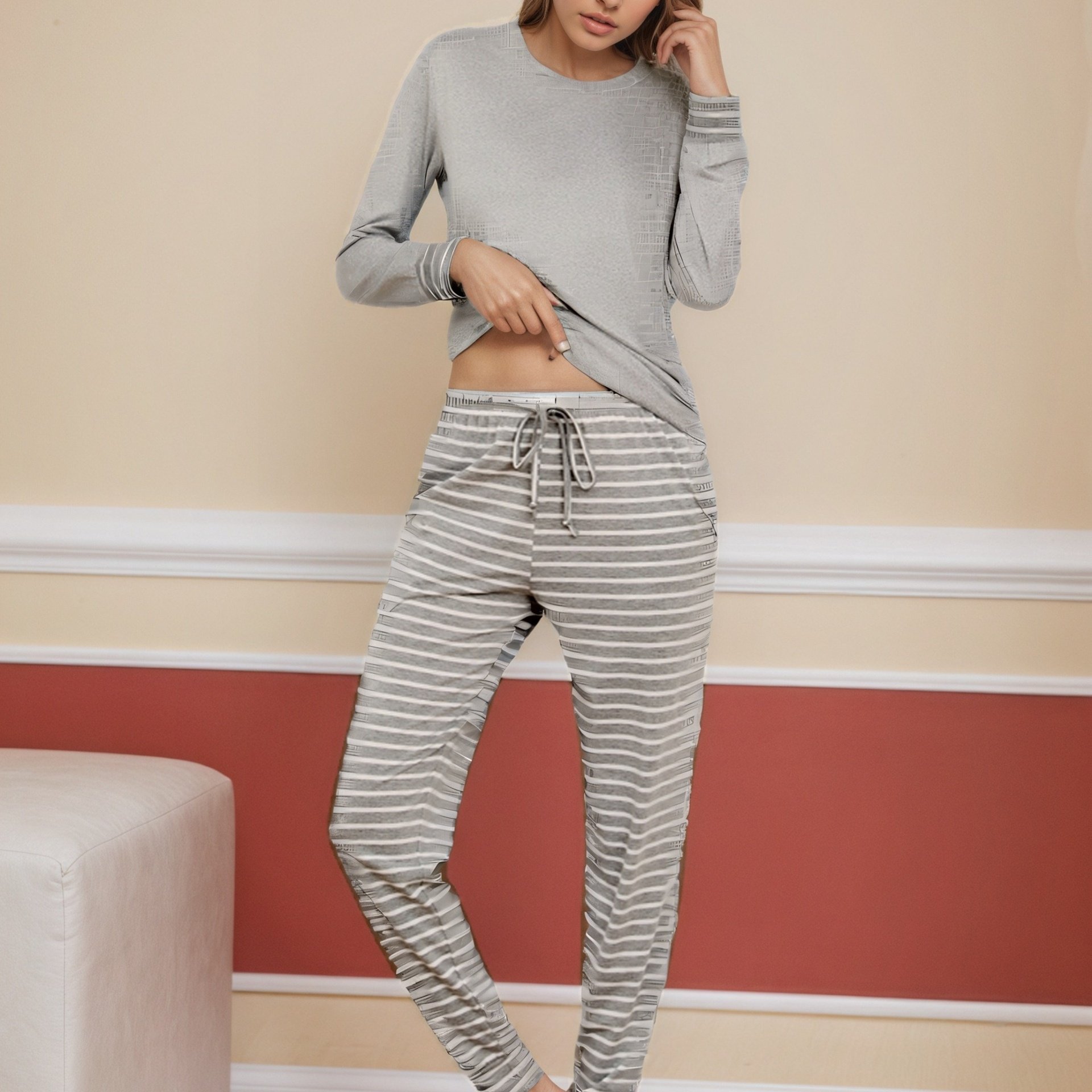 Image of Women's Long-sleeve Two-piece Pajama Set, Long-sleeve Sleepwear And Checkered Pajama Pants, Women's Loungewear