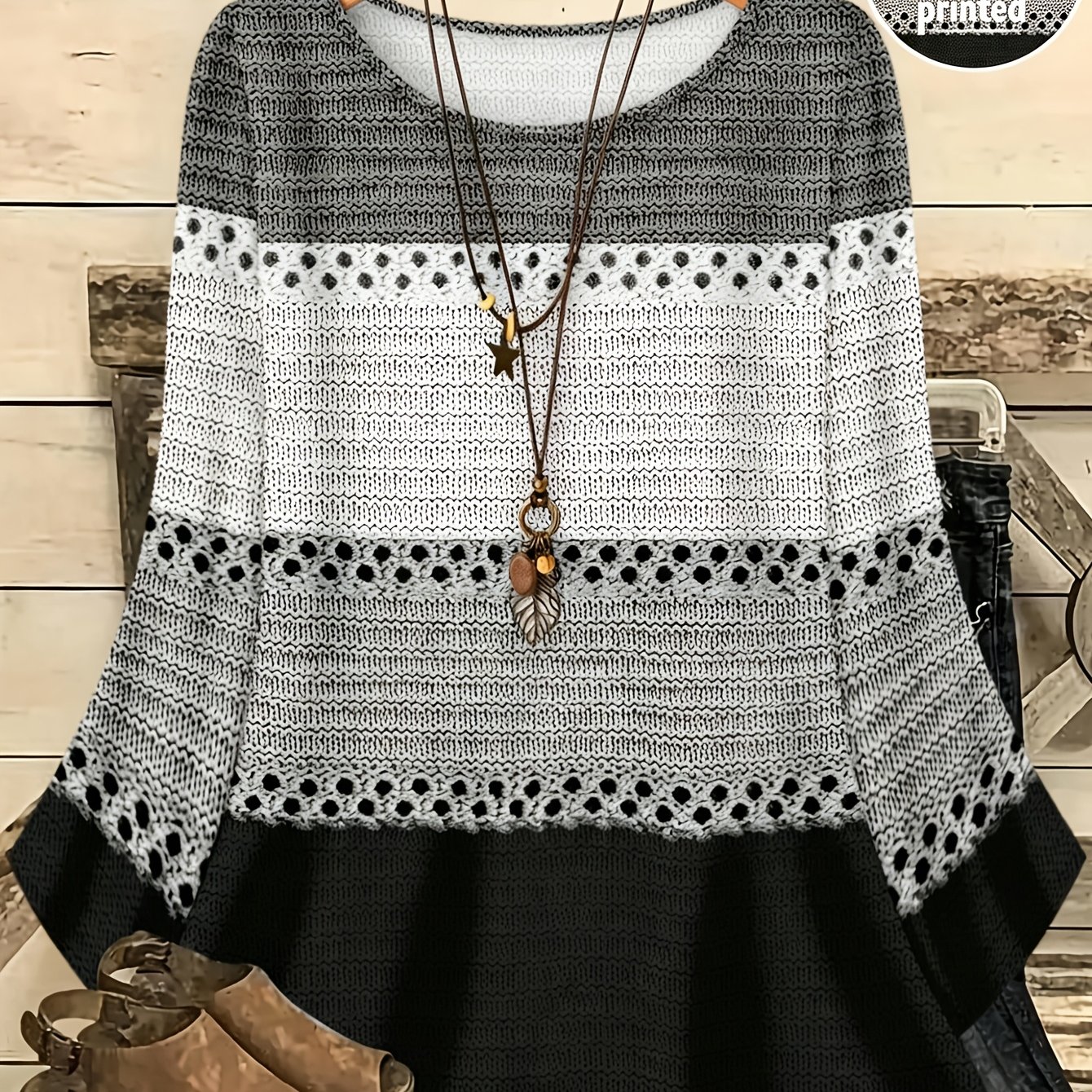 TEMU Plus Size, Plus Size Women's Crew Neck Long Sleeve Tee, 2d Print Top, Winter Loose Fit Casual Shirt
