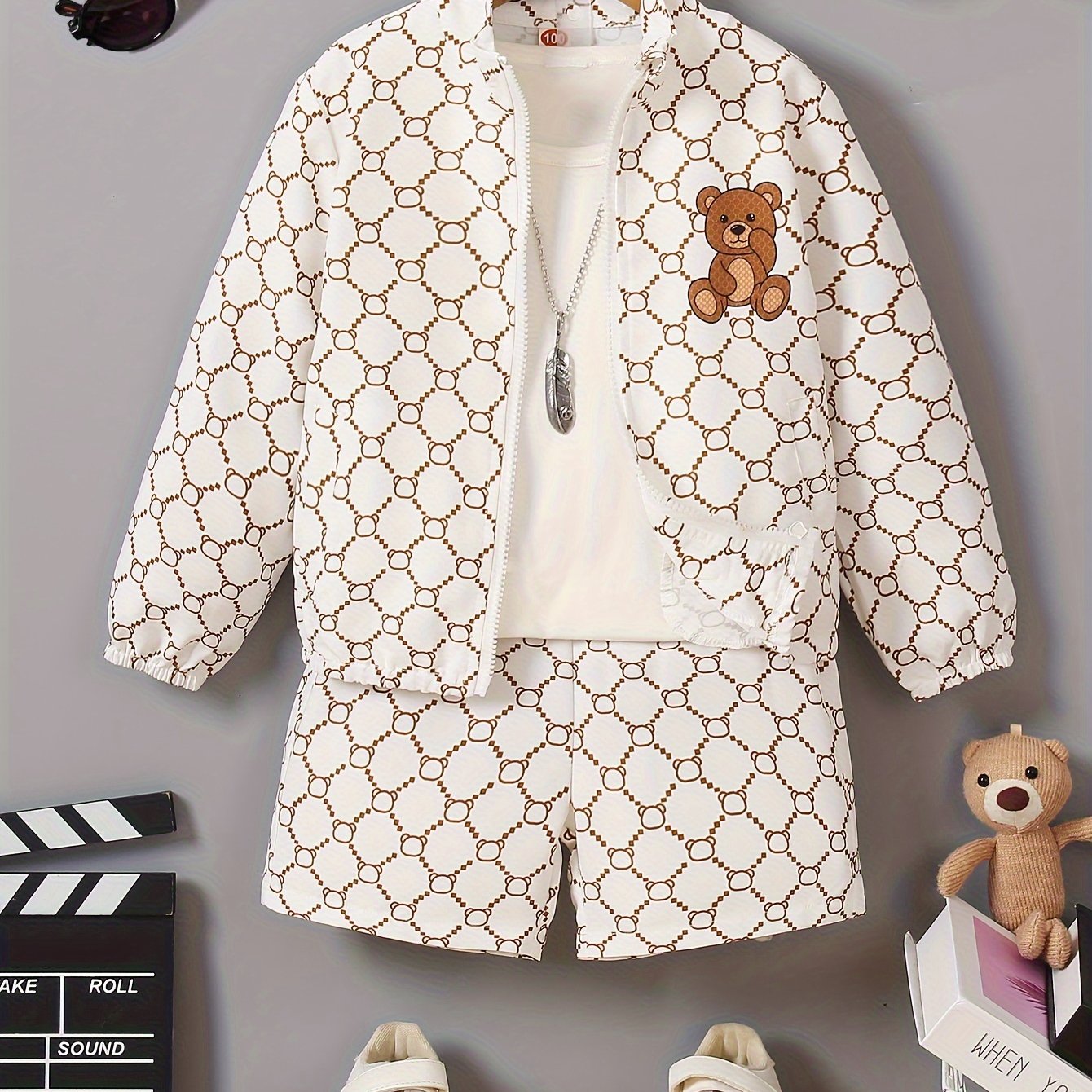 Image of Cute And Sporty Outfit For Featuring A Bear Print Zip-up Long Sleeve Top With Pockets And Elastic Waist Shorts, For Outdoor