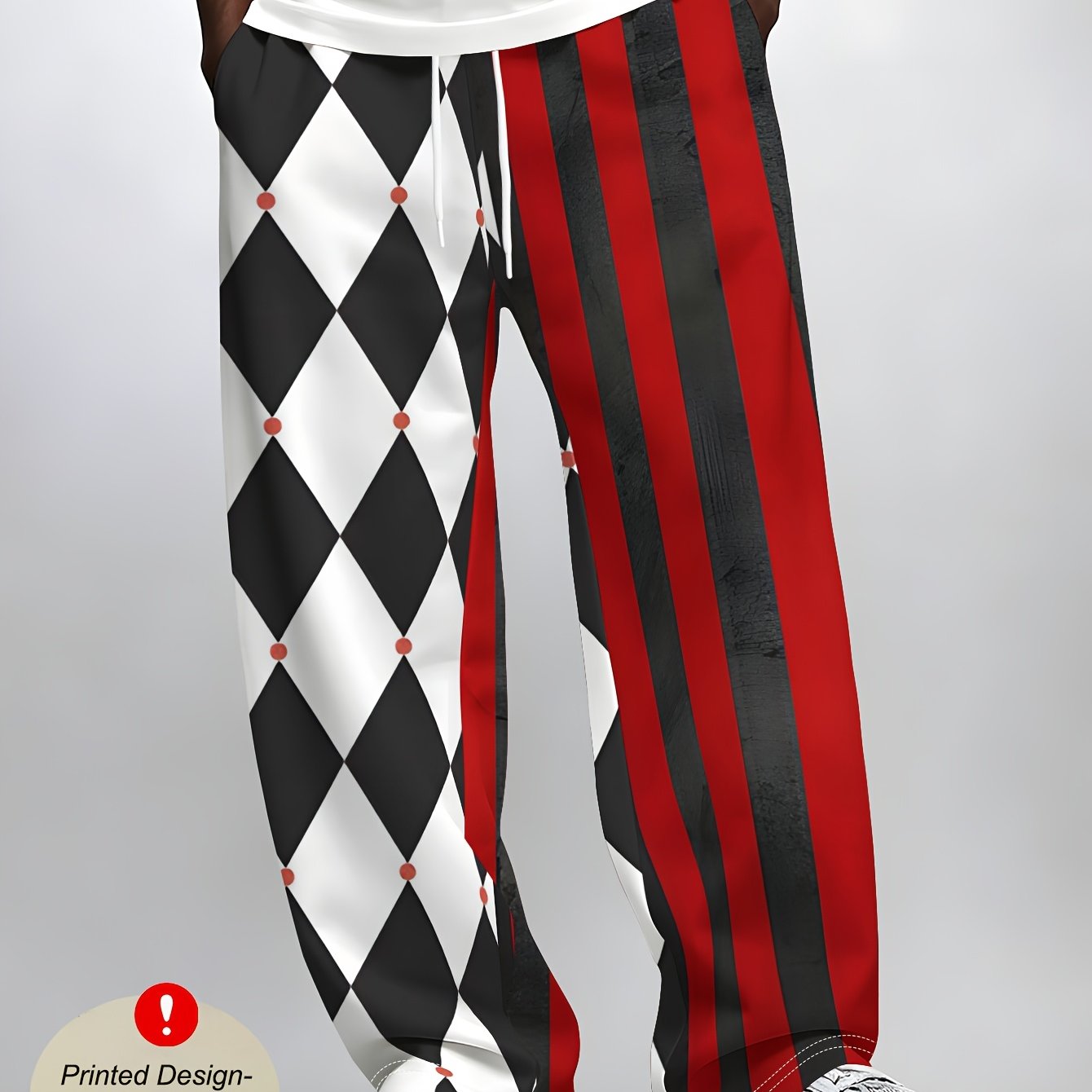 TEMU Trendy Cool Black Red Checkered Striped Print Men's Straight Casual Long Pants