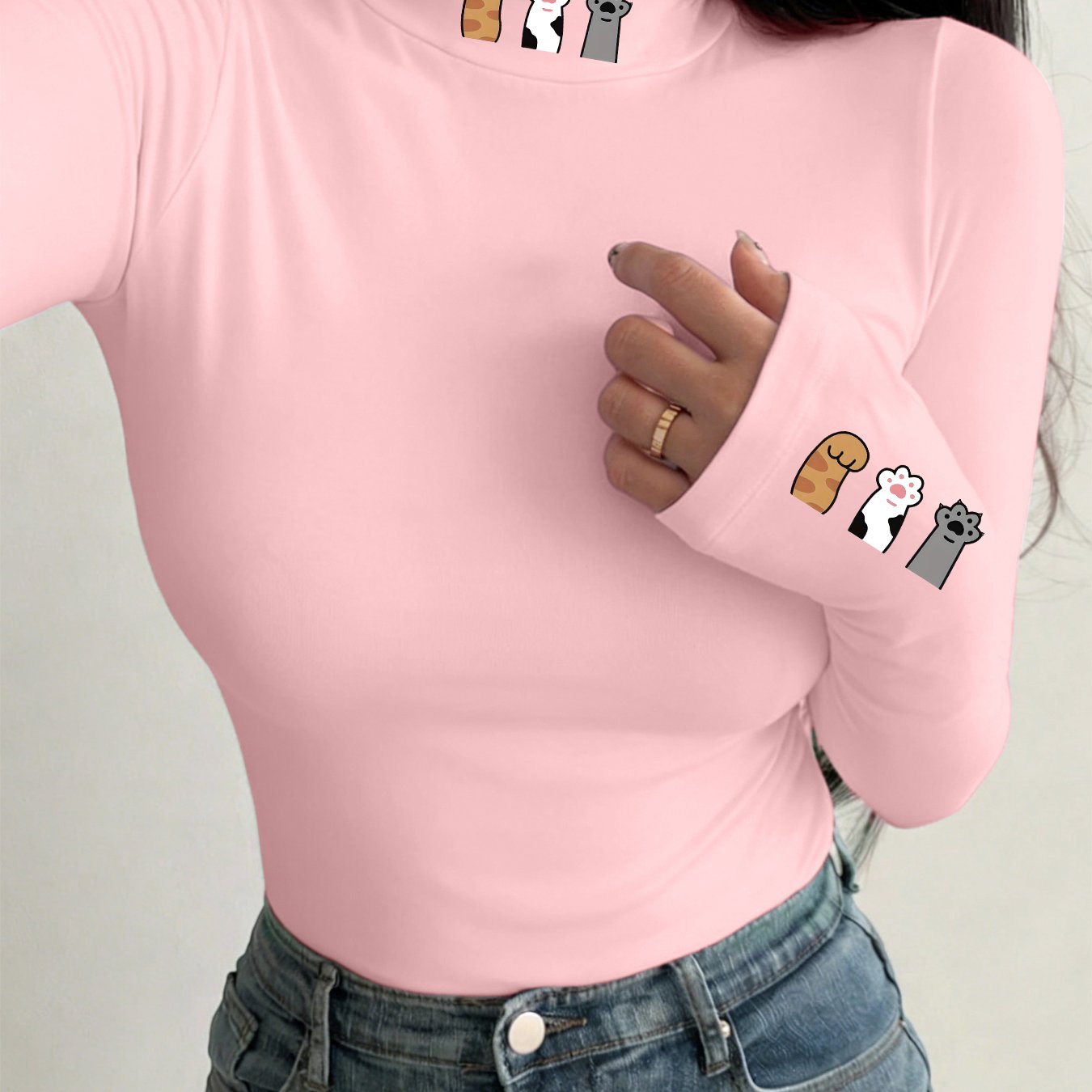 TEMU Women's Half-high Collar Cartoon Cat Claw Double-position Print Slim- Shirt, Soft And Cute Elastic Close-fitting Inner Wear Top, Skin-friendly