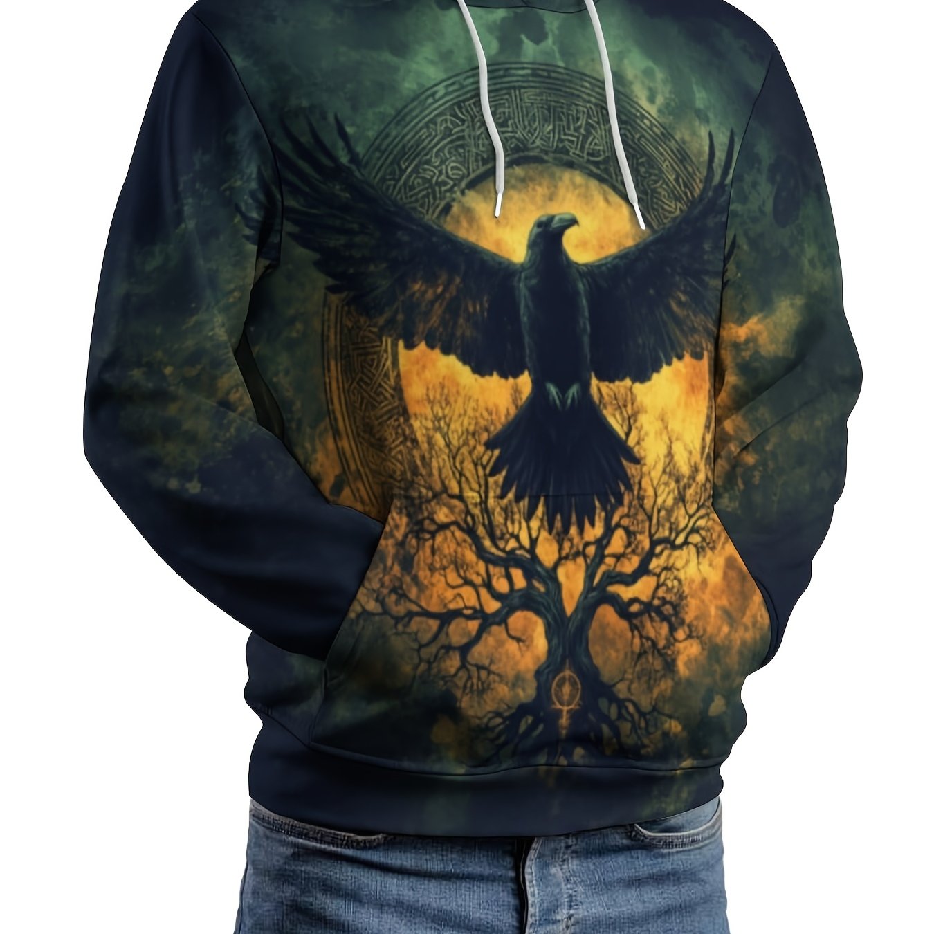 TEMU Plus Size Men Sweatshirt Norse Myth Celtic Totem Graphic Kangaroo Pocket Hooded Top, Plus Size