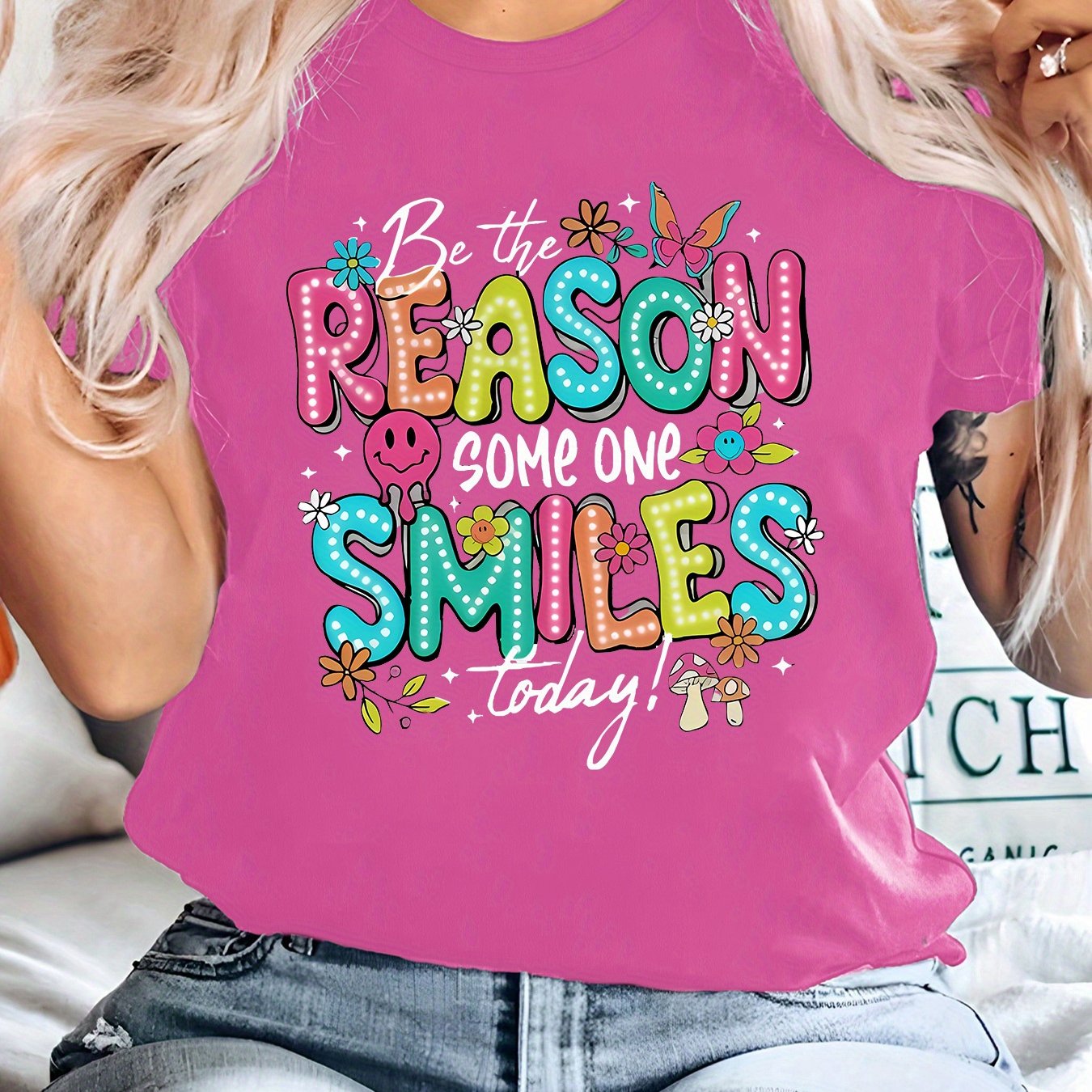 TEMU Plus Size, " Someone , Women's Fashion Floral Print T-shirt With English Text, Casual Short Sleeve, Polyester Fabric, Round Neck Pullover, ,