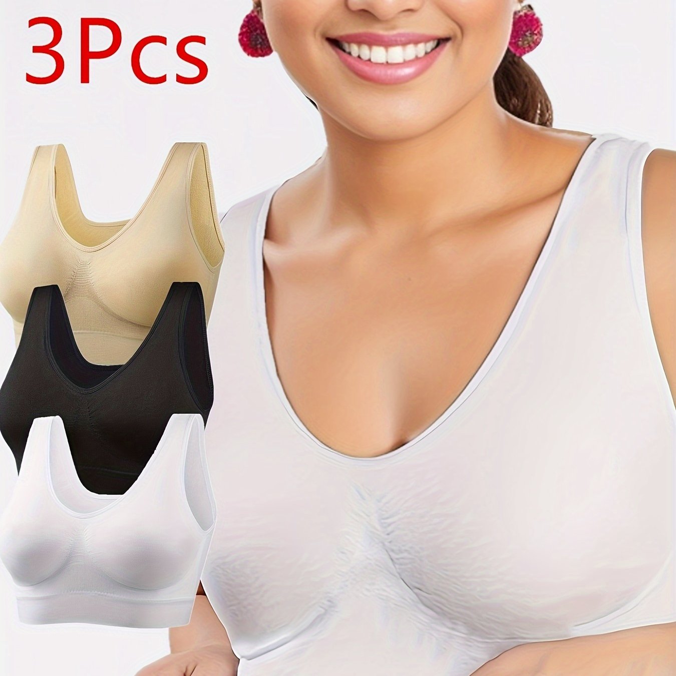 3pcs Plus Size Wireless Single-layer Tank Bra For,, And