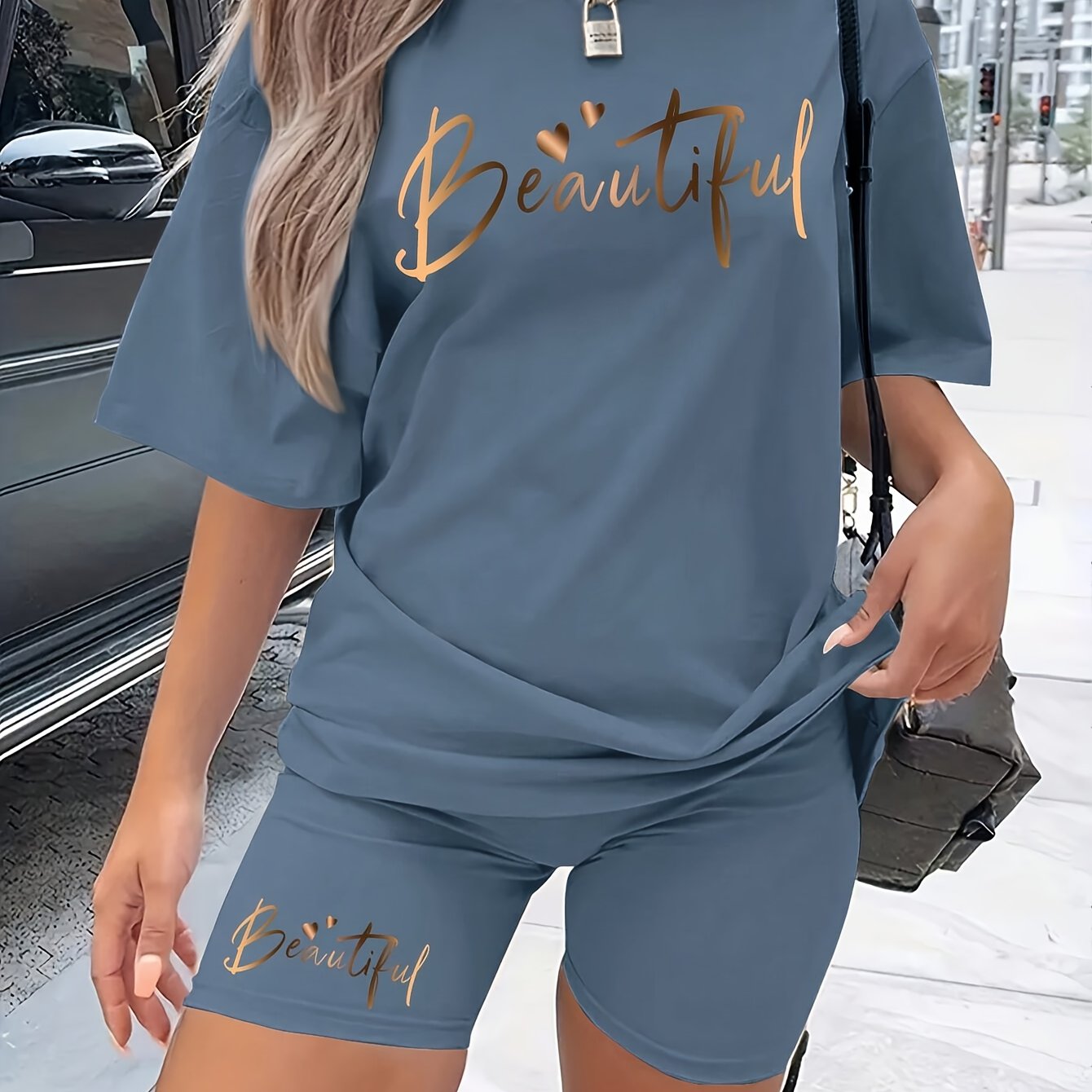 TEMU Women's Casual Letter Print Short Sleeve T-shirt And Shorts Set For Summer