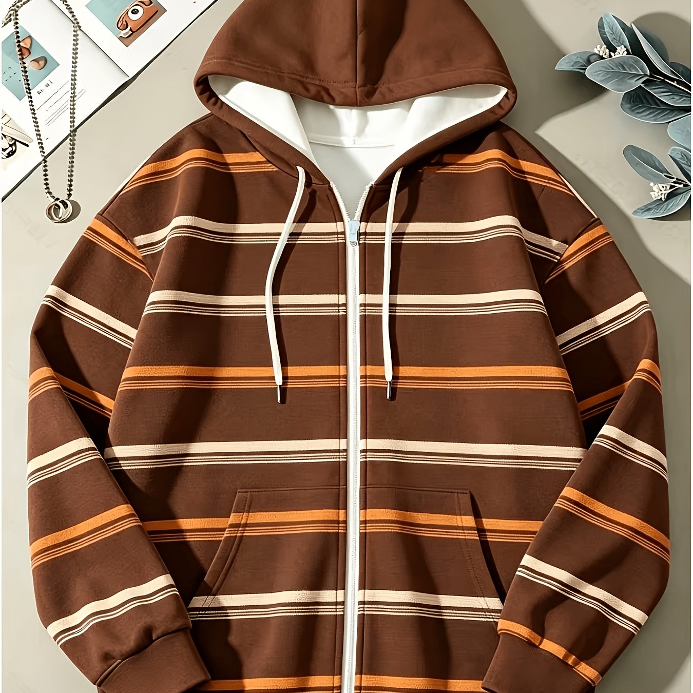 TEMU Plus Size, And Orange Striped Hooded Zip-up Cardigan Sweatshirt For Women, Loose And Lazy Casual Versatile Outerwear For Spring And Autumn