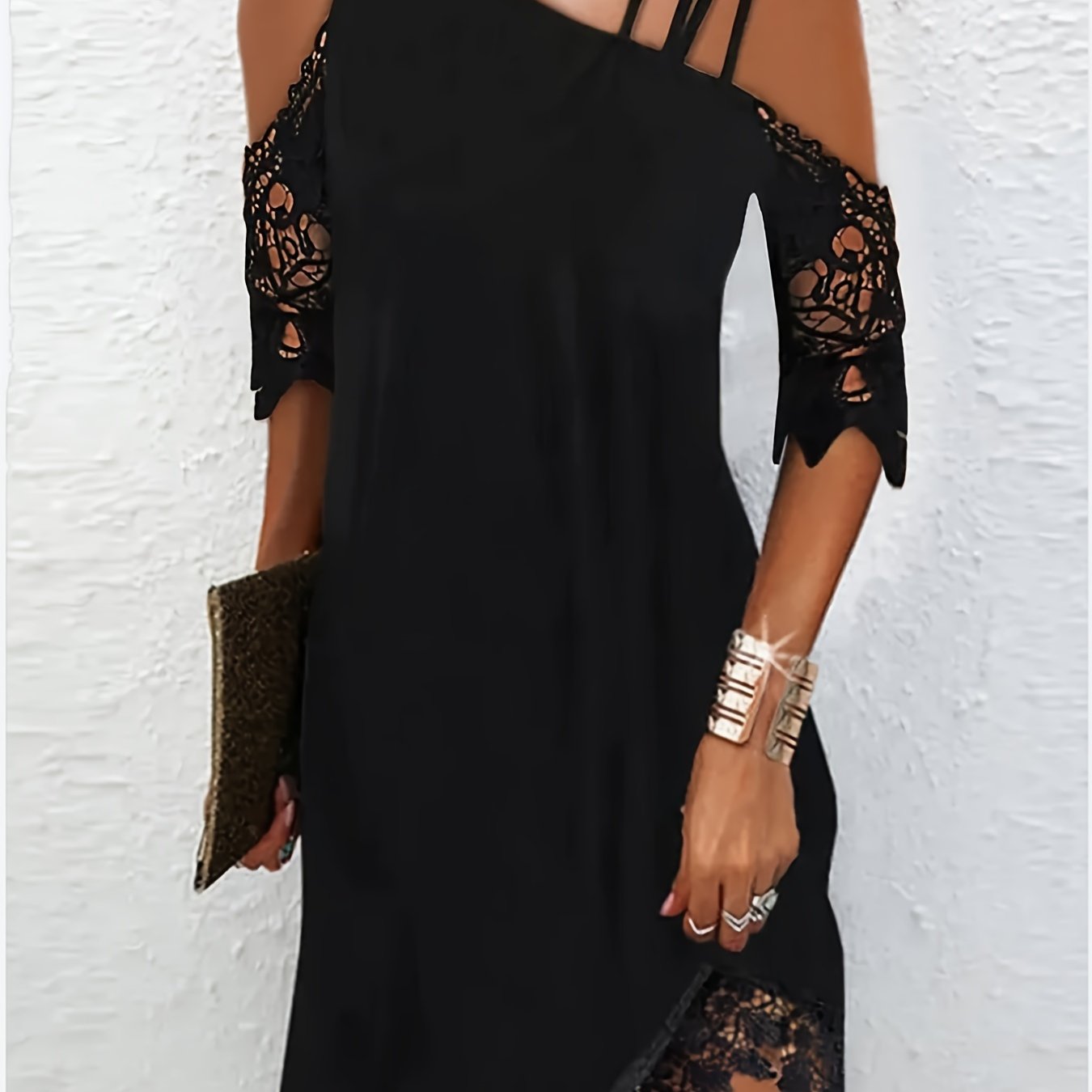 Lace Splicing Asymmetrical Dress, Elegant Cold Shoulder Strap Decor Dress For Summer, Women's Clothing