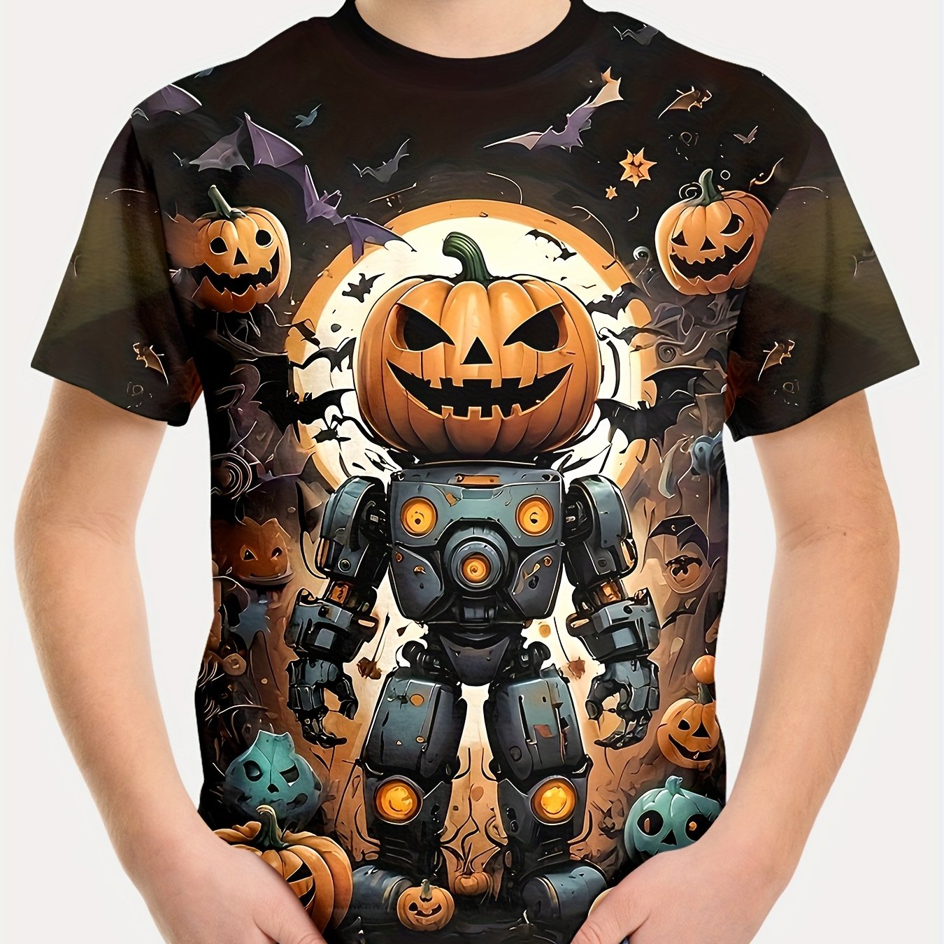 TEMU T-shirt pour garçons Halloween Robot Citrouille Graphique, Polyester Confortable, Style Fête Décontracté, , T-shirt d'Été Col Rond Manches