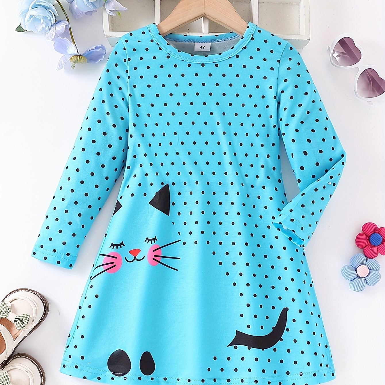 Girls' Casual Dress, Number Print Kitten Round Neck Long Sleeve Dress, Fashion ' Dress