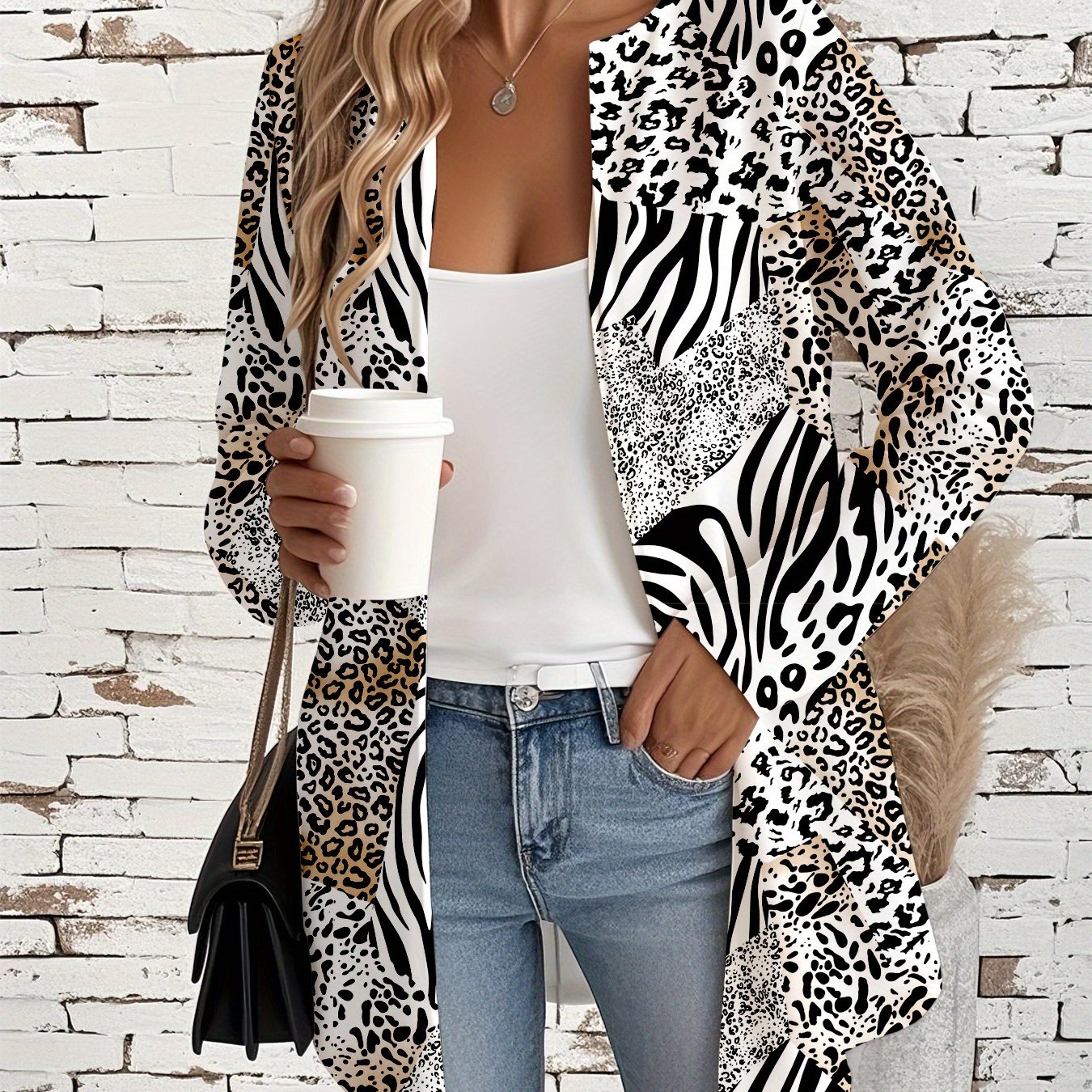 E-shop Zebra-Print Leoparden-Print Damen Langarm Cardigan-Jacke, Mittel-lang, Locker, Knopfleiste, Vielseitige Leichte Übergangsjacke für Frühling