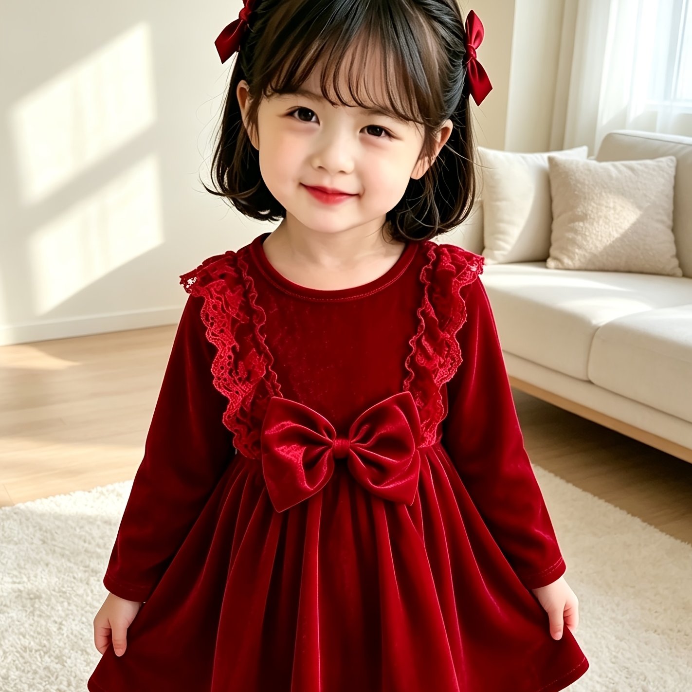 New Autumn/winter Girls' Trim Long-sleeve Fleece-lined Dress With Bow