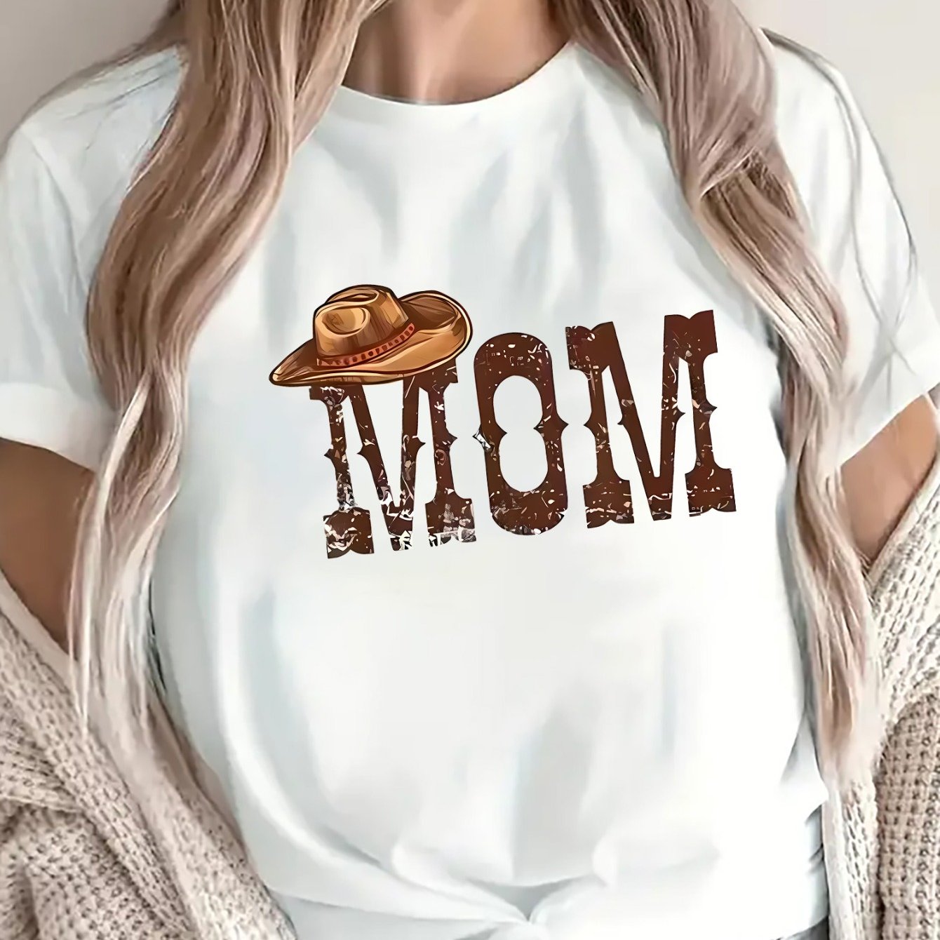 TEMU Maglietta a Maniche Corte in Poliestere con Design Western Mom, Abbigliamento Casual per Casa o , e Resistente, Perfetta per Outfit Quotidiani,