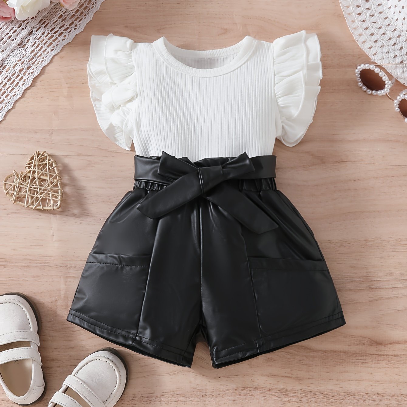 Image of Elegant Baby Girls 2pcs, Solid Ribbed Ruffle Trim T-shirt Top And Solid Shorts Set For Summer Gift, Kids' Clothes, For Outdoor, Newborn/toddler Necessities