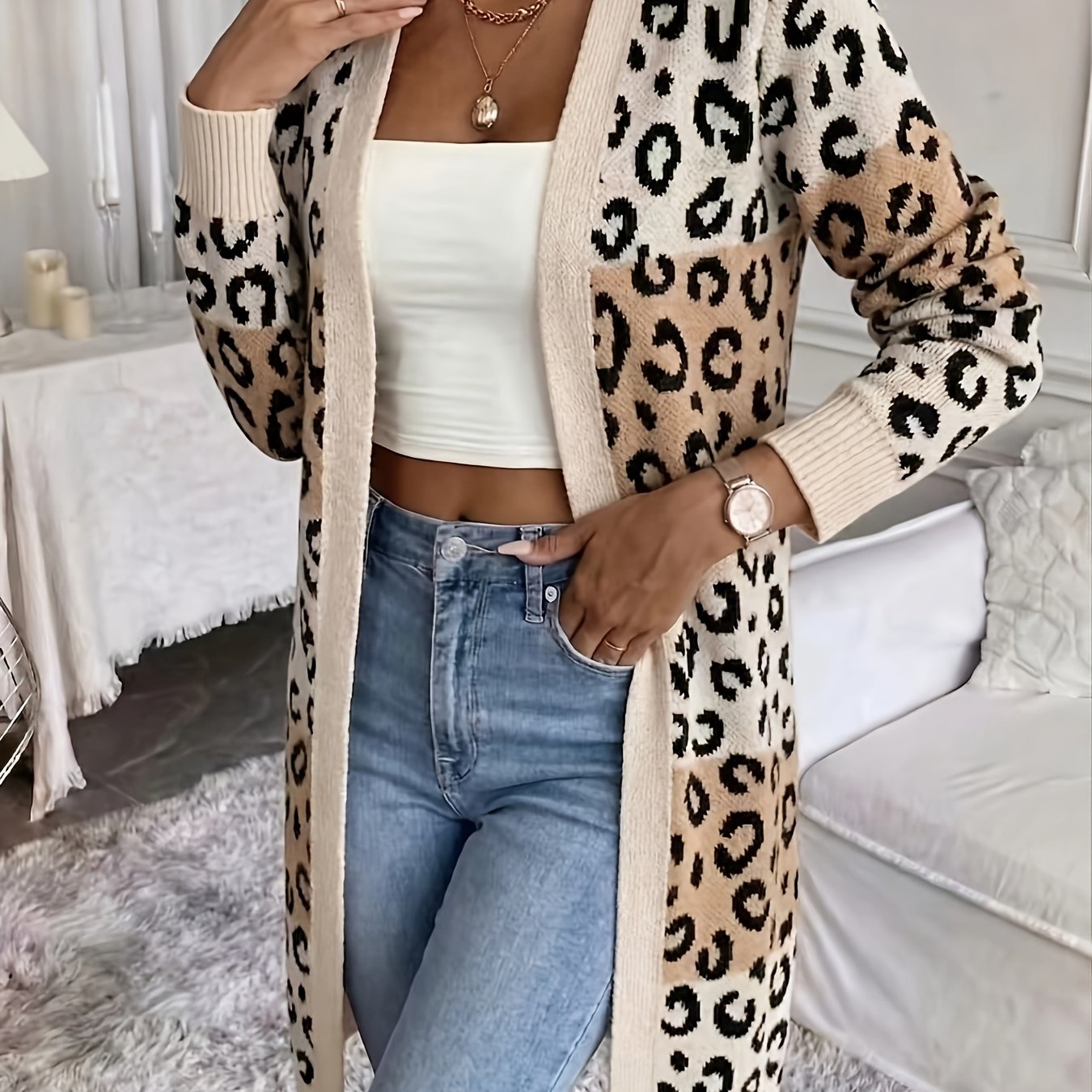 Image of Elegant Leopard - Midi Cardigan For Women, Versatile Loose-layered Lazy Style Sweater Cardigan, Outerwear For Home, Office, And Daily Commuting