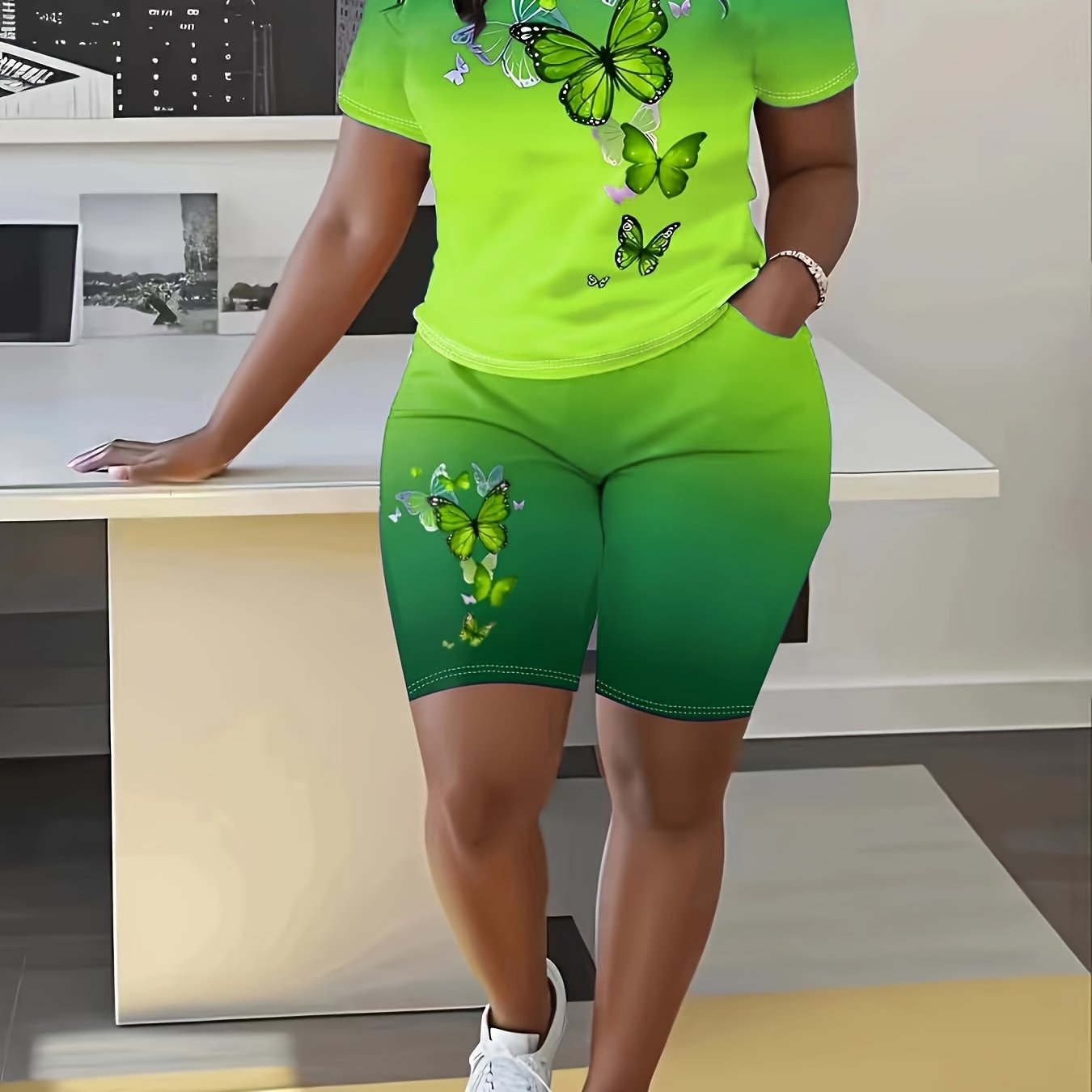 TEMU Plus Size Print Ombre Two-piece Set, Crew Neck Short Sleeve Top & Shorts Outfits, Women's Plus Size clothing