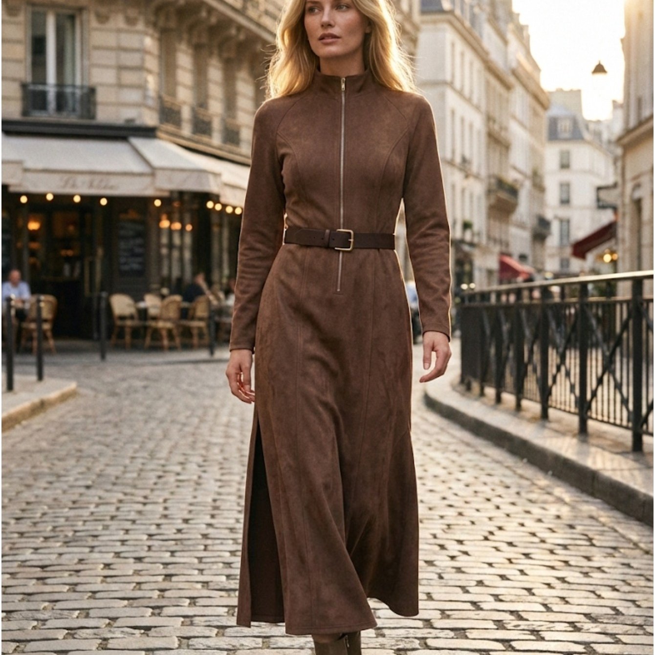Image of Women's Faux Suede Midi Dress | Stand Collar Zip Front Long Sleeve A-line Dress With Belt | Elegant Asymmetrical Hem Autumn Winter Casual Dress