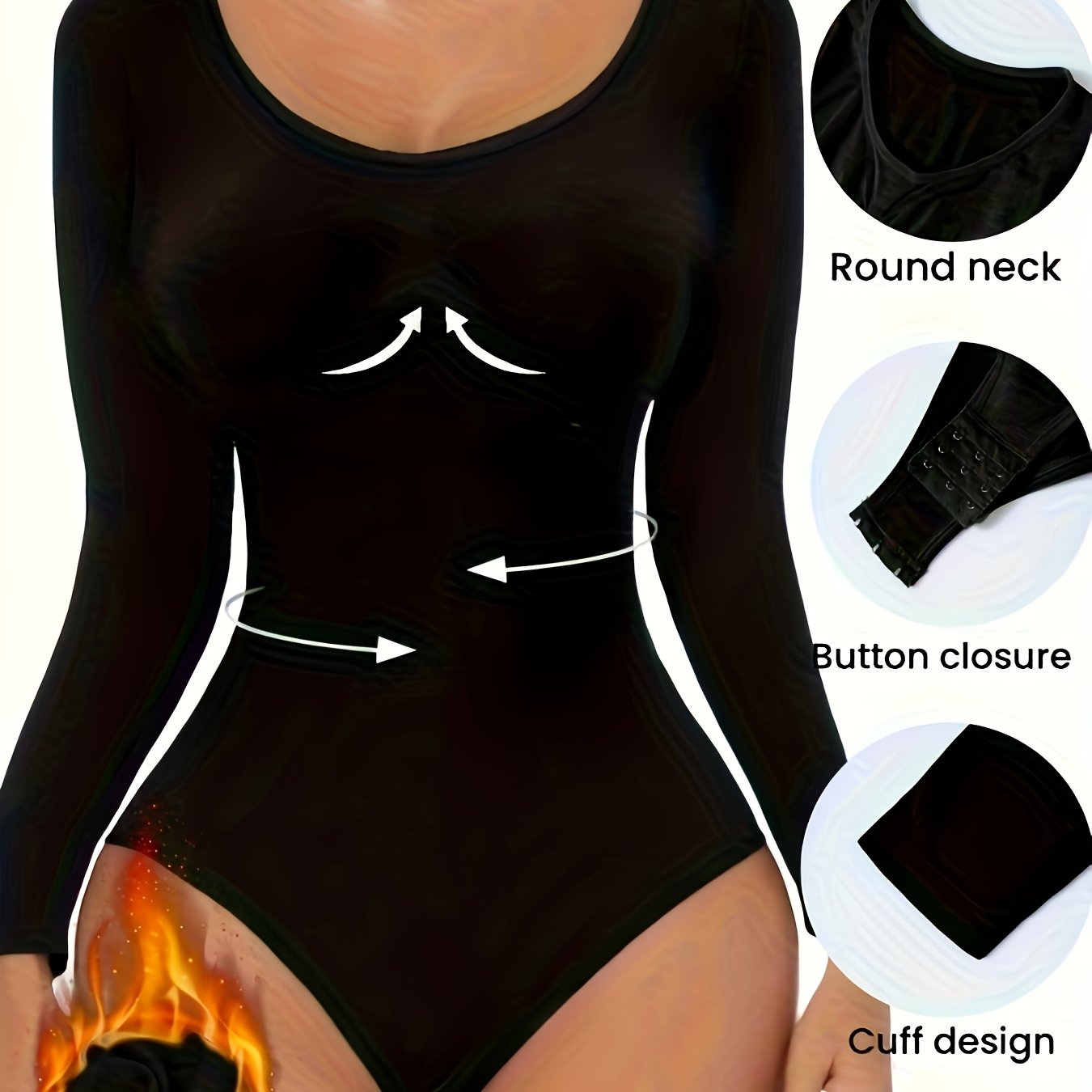 Image of 1pc Women' Tummy Control Bodysuit, Long Sleeve Round Neck Light Warm , Stretchy Soft Fitted Fit, Hook-and-eye Closure For Easy Dressing, Fall Casual Versatile Base Layer Fashion Bodysuit
