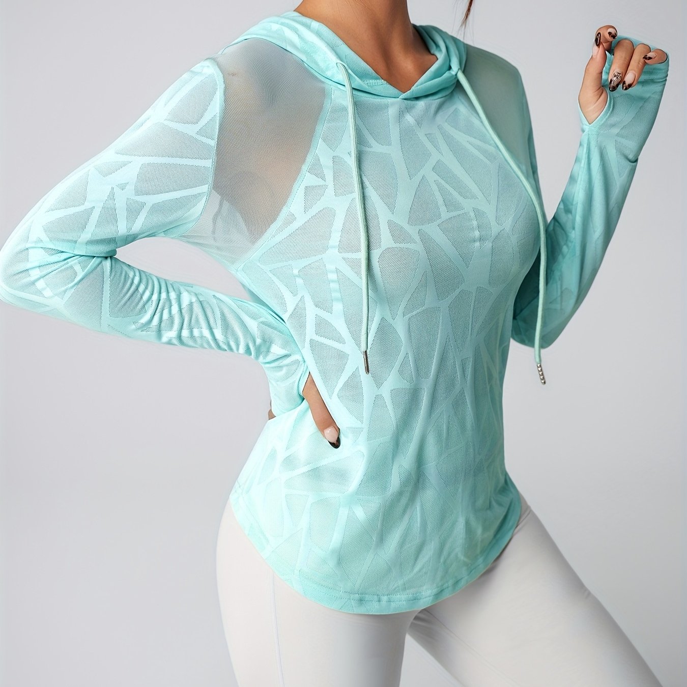 Image of Cx095# Women'-piece Fabric Sexy Sheer Mesh Hoodie With Drawstring, Suitable For Gym, Running, Yoga, Outdoor Mountaineering, And Casual Wear, Yoga Apparel