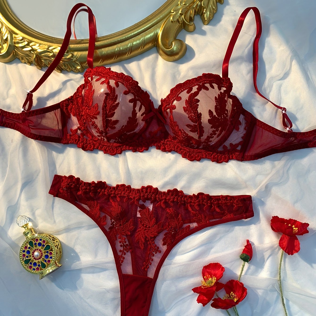 Image of A Burgundy Rice Ear Single-layer Embroidered Sexy Set, Featuring Ring Bra And Thong, Women's Clothing, And A Sheer Lingerie Ensemble