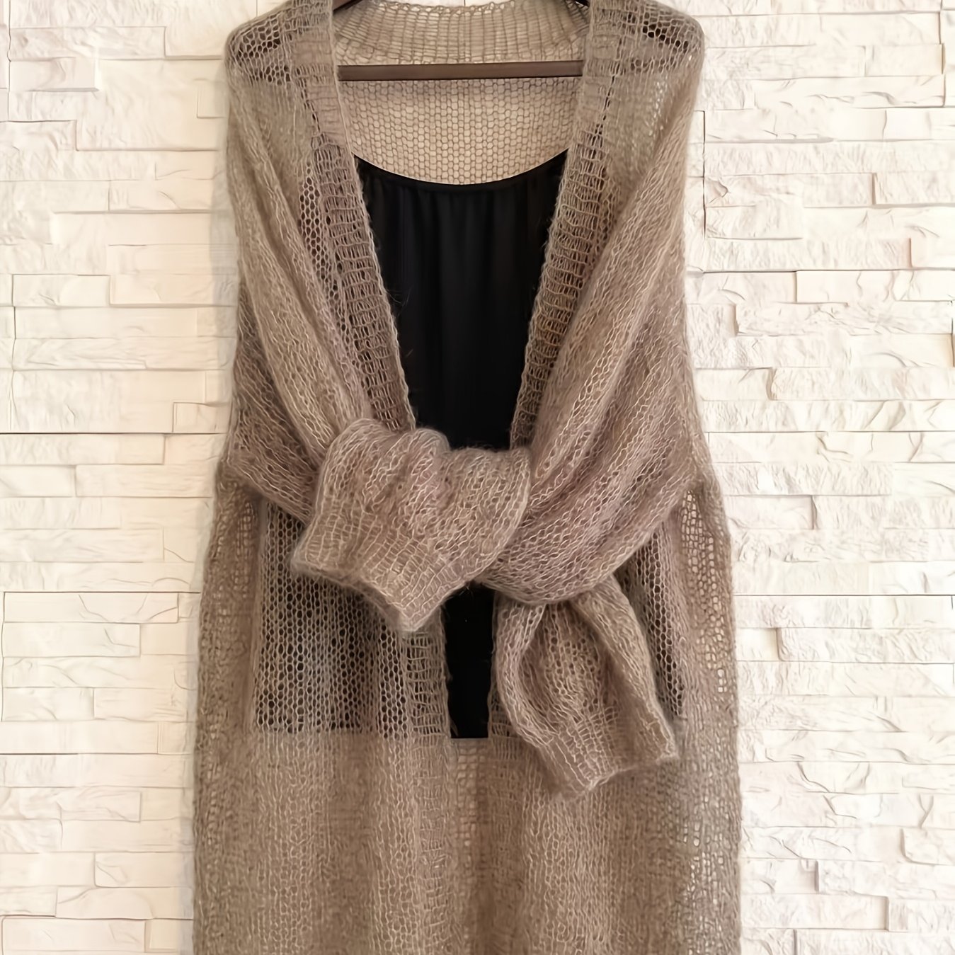 TEMU Lazy Chic Hollow-out Long-sleeve Long Loose Cardigan, Deep V-neck Breathable Mesh, Soft And -friendly, Covering And, Versatile Spring/summer New