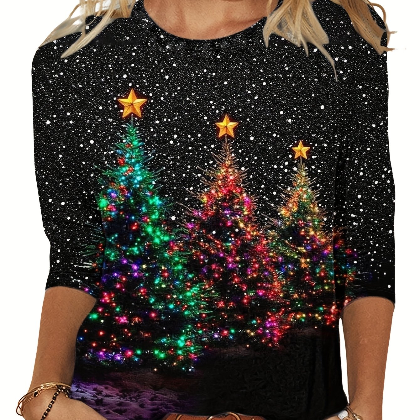 TEMU Christmas Women's Fashion 3/4 Sleeve Round Neck Loose Basic Shirt Casual Three-quarter Sleeve T-shirt