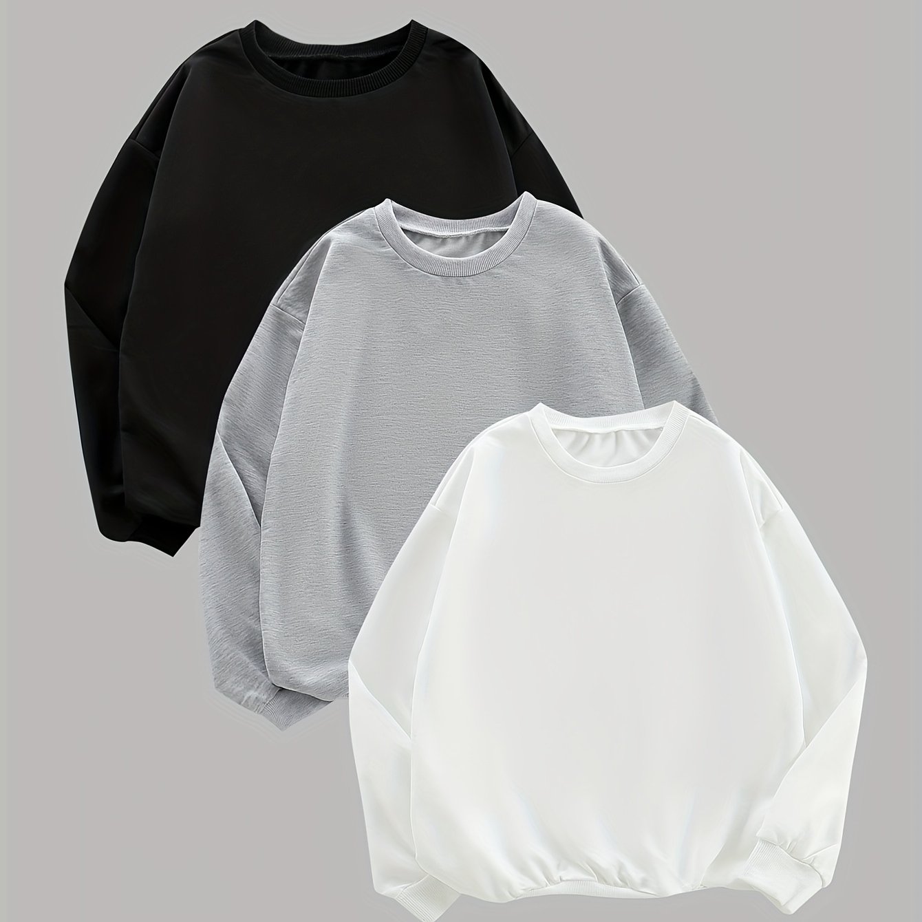 Youth 3pcs Set Fashion Solid Round Neck Regular Long Sleeve Knit Sweatshirt Autumn Casual Trendy Sweatshirt