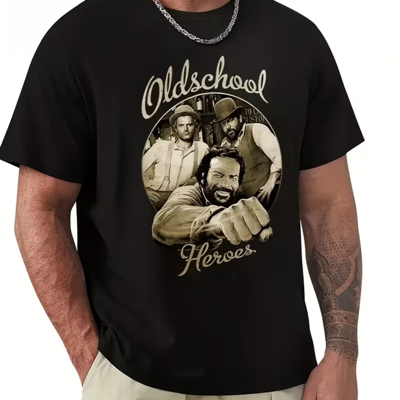TEMU Men's Retro Western T-shirt - With Beige Print, Hardcore Action Hero Design, Soft And Breathable Street Style Top