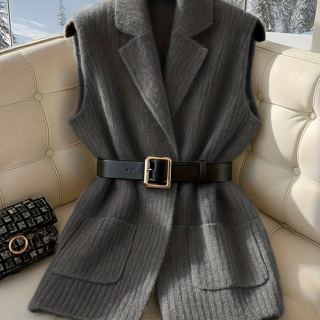 E-shop Elegante Damen-Westejacke mit , Revers, langen Ärmeln, Strickweste aus Schafshaar-Nadelstrick, Herbst/Winter-Pullover, ohne Gürtel