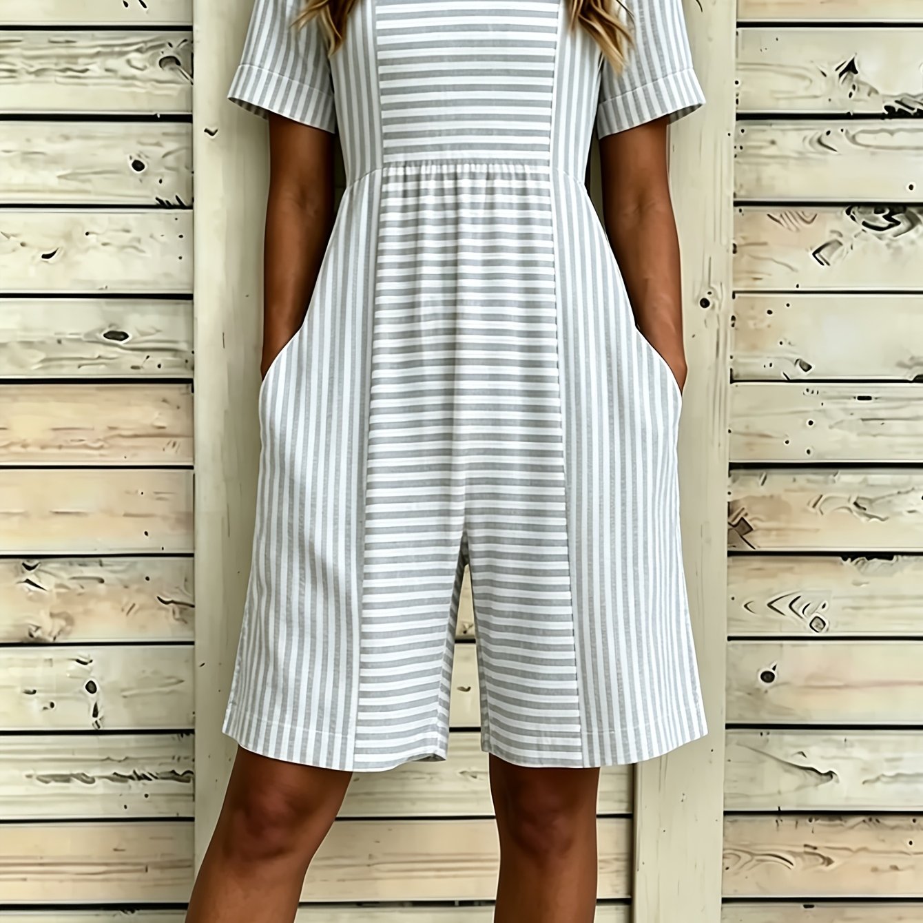 Image of Summer Loose Striped Jumpsuit Retro Gray And White Pinstripe Short-sleeved Round Neck Side Pocket Waist-cinching Capri Pants Casual Lazy Style Age-reducing Beach Versatile Item