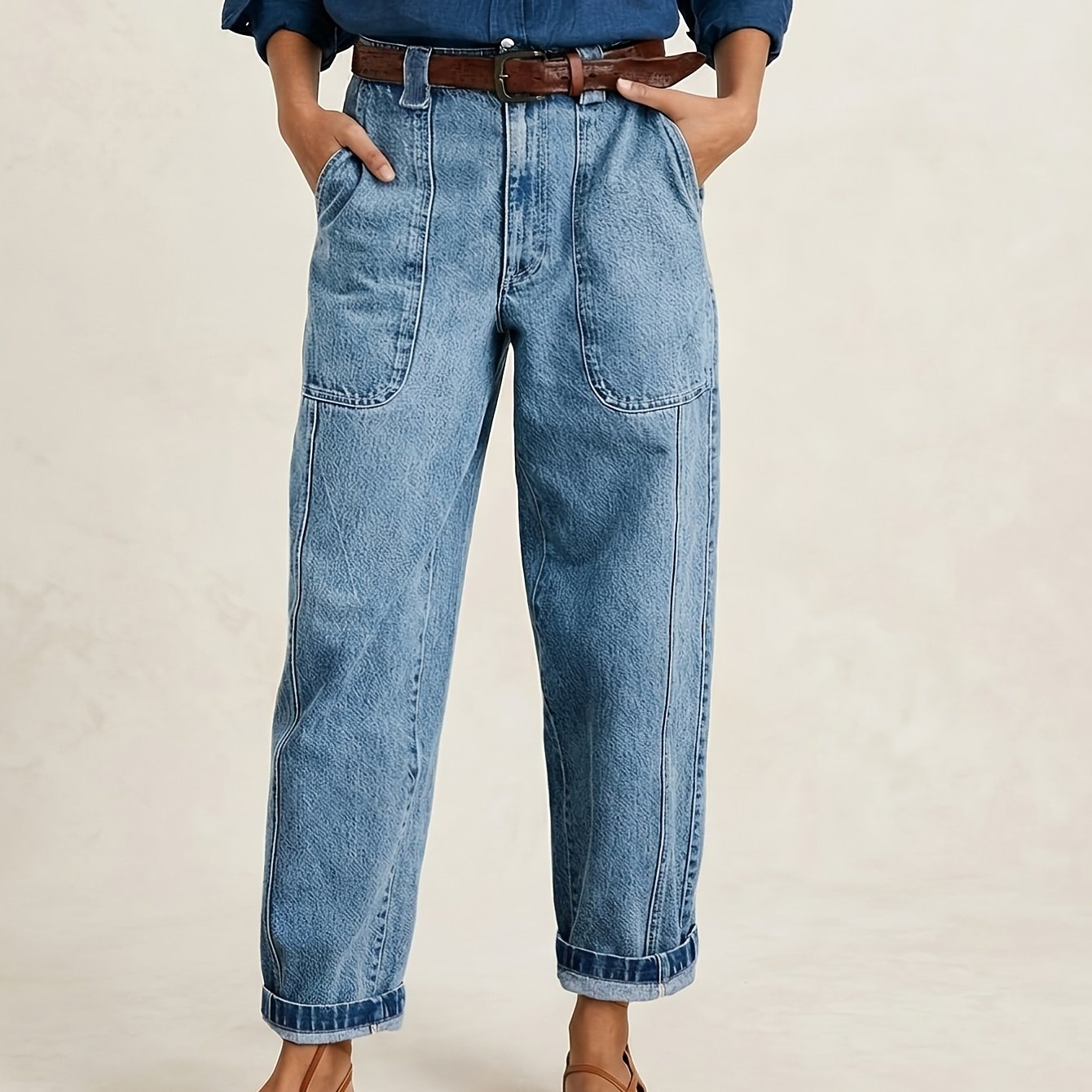 TEMU Women's Vintage Distressed Denim Jeans - Stretch Mid-rise Loose Straight Leg Pants With Washed Denim, Elastic Suitable For Daily Casual Wear,