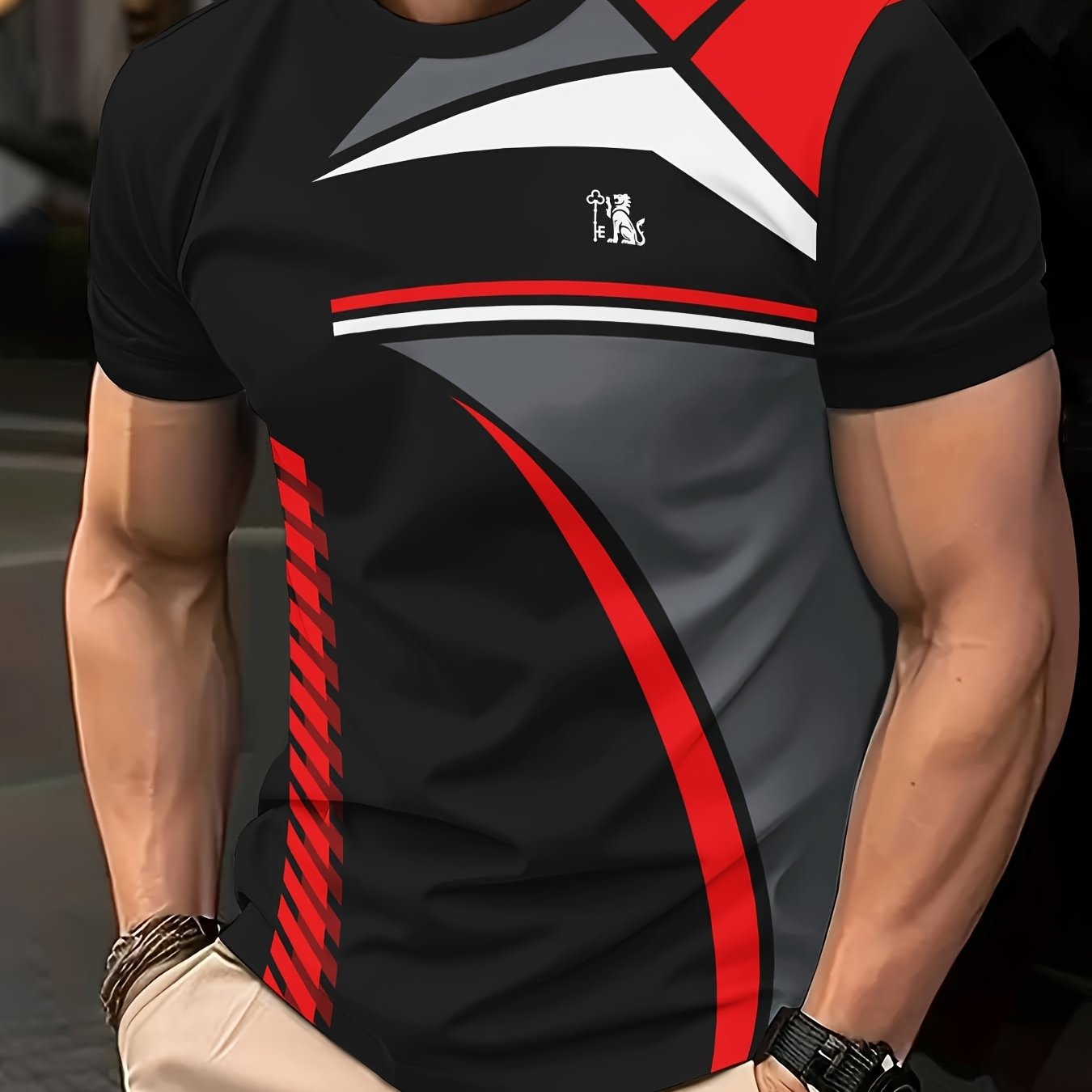 Image of Men's T-shirt With Geometric Graphic Layers, Fitted Style, Suitable For Casual Wear To Showcase The Wearer's Fashion And