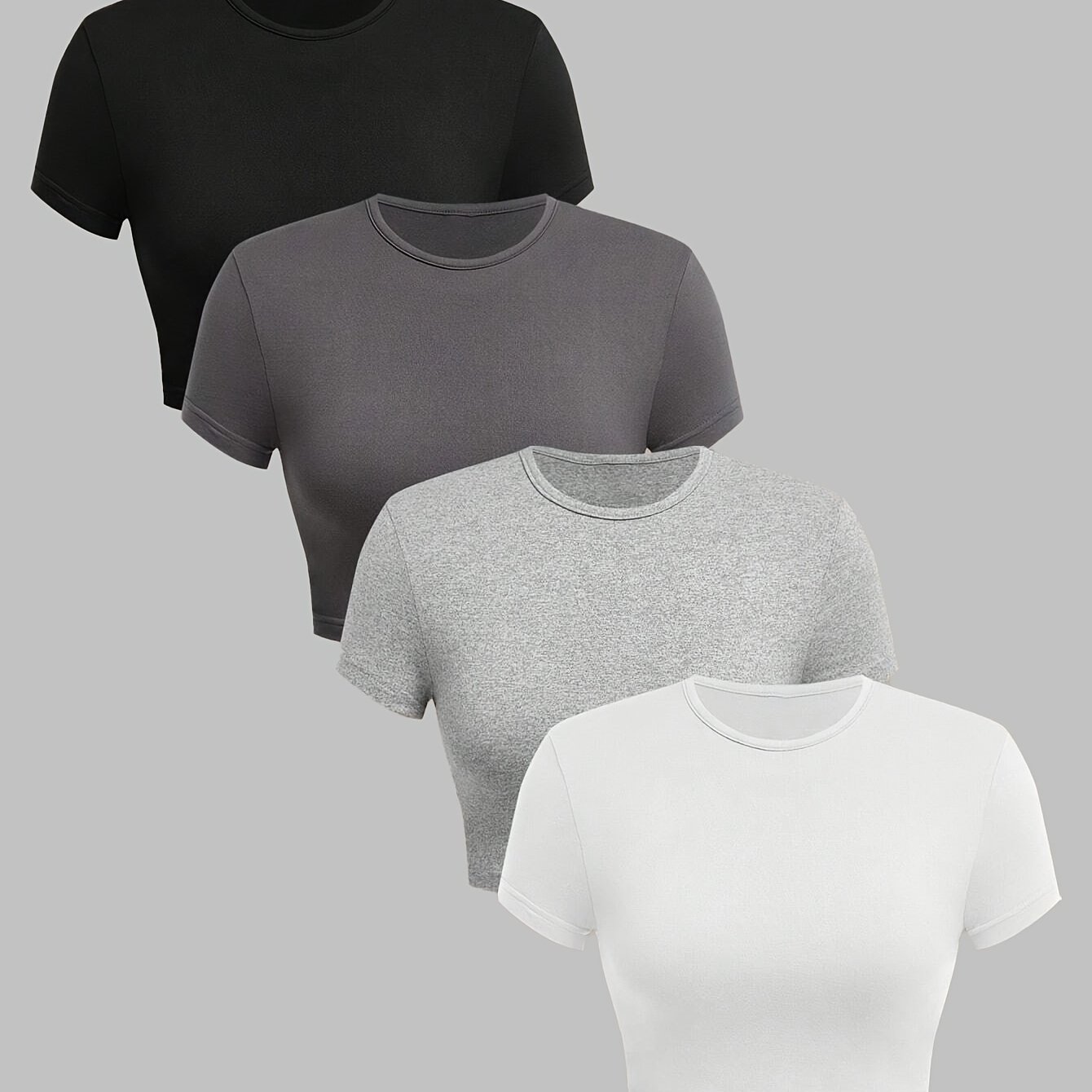 TEMU 4pcs Women's 4pcs Basic Solid Color Crop Tops - Short-sleeve Round Neck T-shirts, Medium Stretch Non-sheer Blouse Suitable For Casual, Sporty,