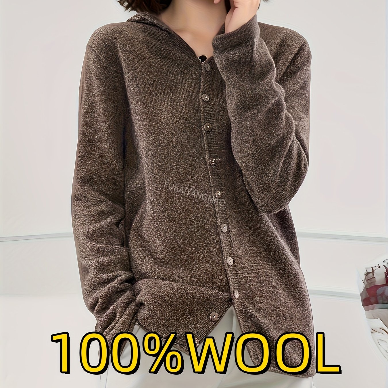 Women's Casual 100% Wool Hooded Sweater, Merino Wool, Solid Color Cardigan, Long Sleeve, Regular Fit, Open Front Design, Fall Elegant Warm Super Soft