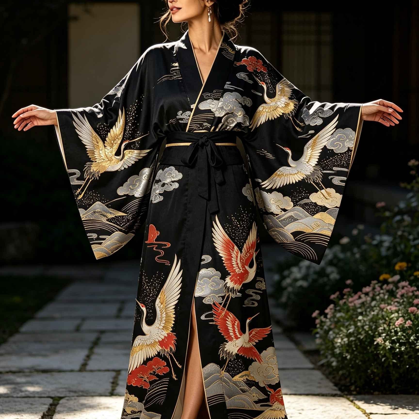 Image of Elegant Women's Kimono, Fashionable Fairy Crane Cloud Landscape Printed Cardigan Dress, Deep V-neck Robe, Tied Waistband, Suitable For Daily Vacation And Festive Gatherings, Women's Home Robe Bathrobe