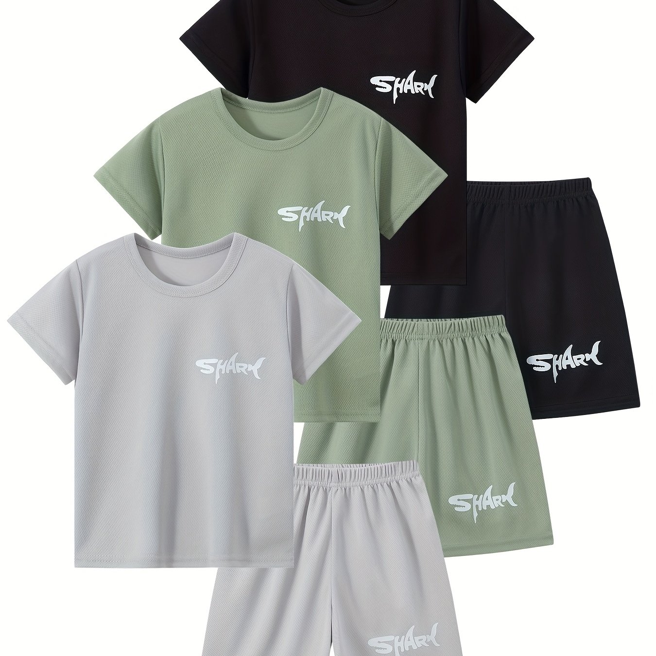 E-shop 6-teiliges Jungen-Shorts-Set, Sommer-Mesh-Sportbekleidung mit schneller Trocknung für mittlere ältere Kleinkinder, Kurzarm-Oberteil +